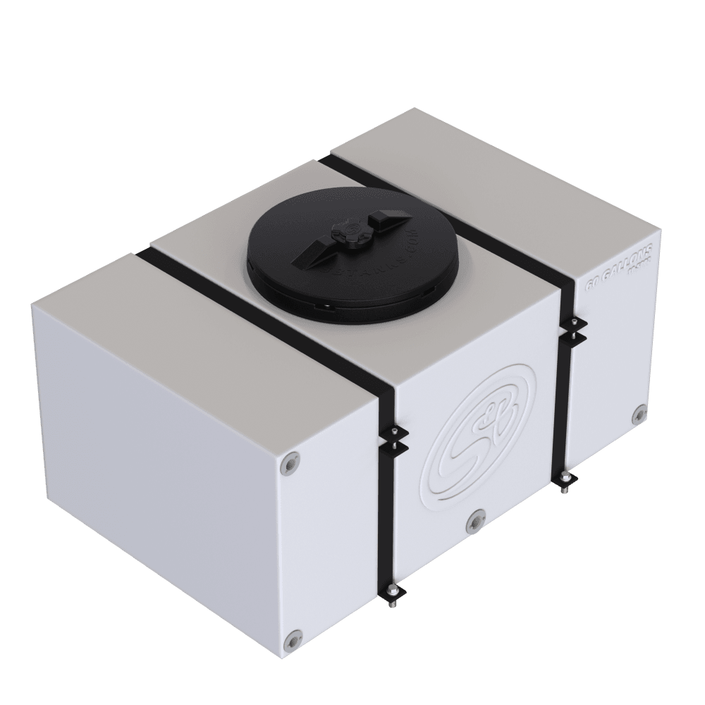 60-gallon detail tank with secure straps and a black cap, designed for efficient fluid storage and transport.