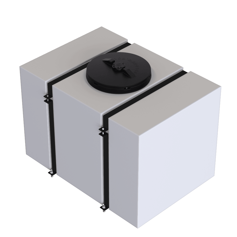 100-gallon detail tank with secure straps and a black cap, designed for efficient fluid storage and transport.