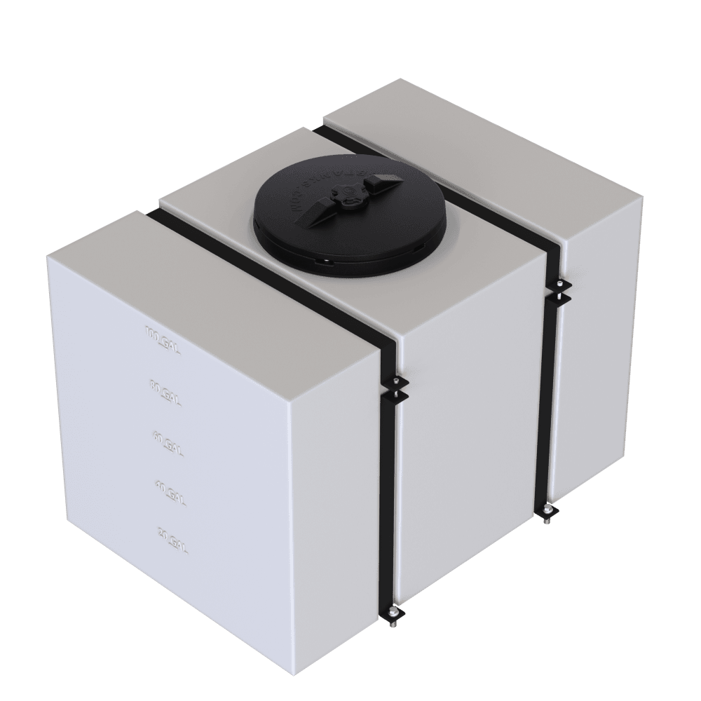 100-gallon detail tank with secure straps and a black cap, designed for efficient water storage and transport.