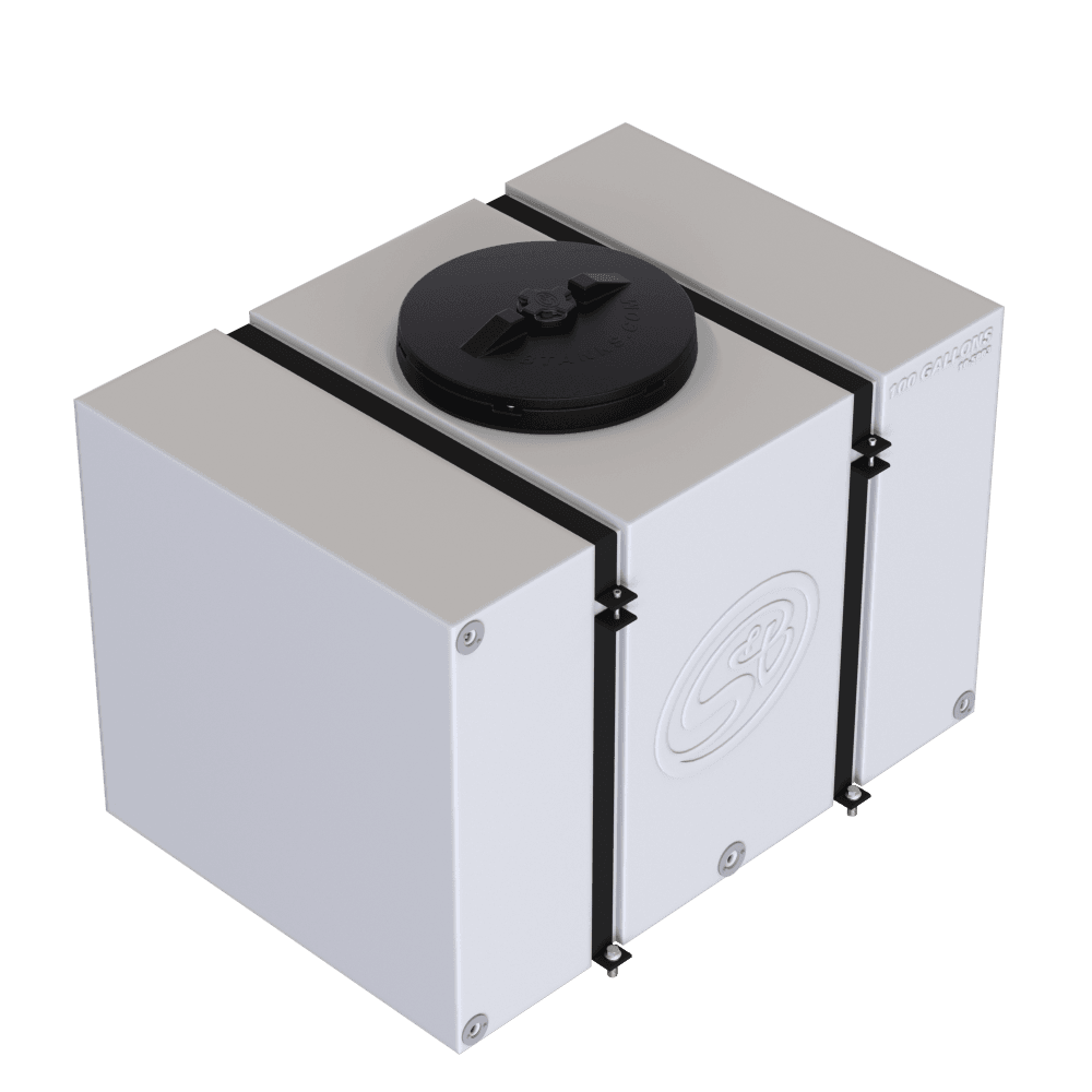 100-gallon detail tank with secure straps and a black cap, designed for efficient fluid storage and transport.