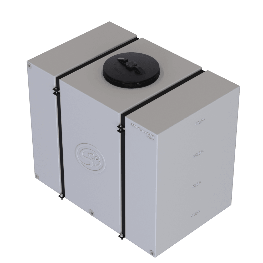 220-gallon detail tank with secure straps and a black cap, designed for efficient fluid storage and transport.