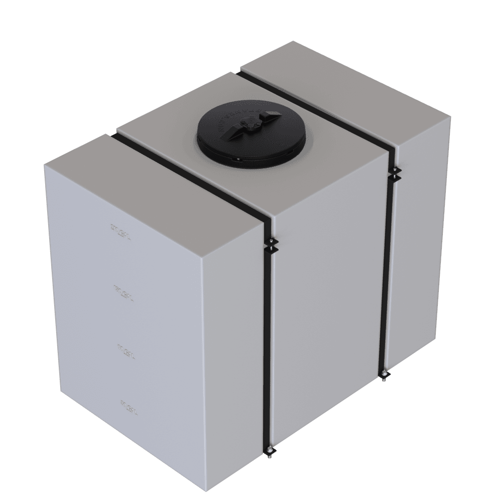 220-gallon detail tank with secure straps and a black cap, designed for efficient fluid storage and transport.