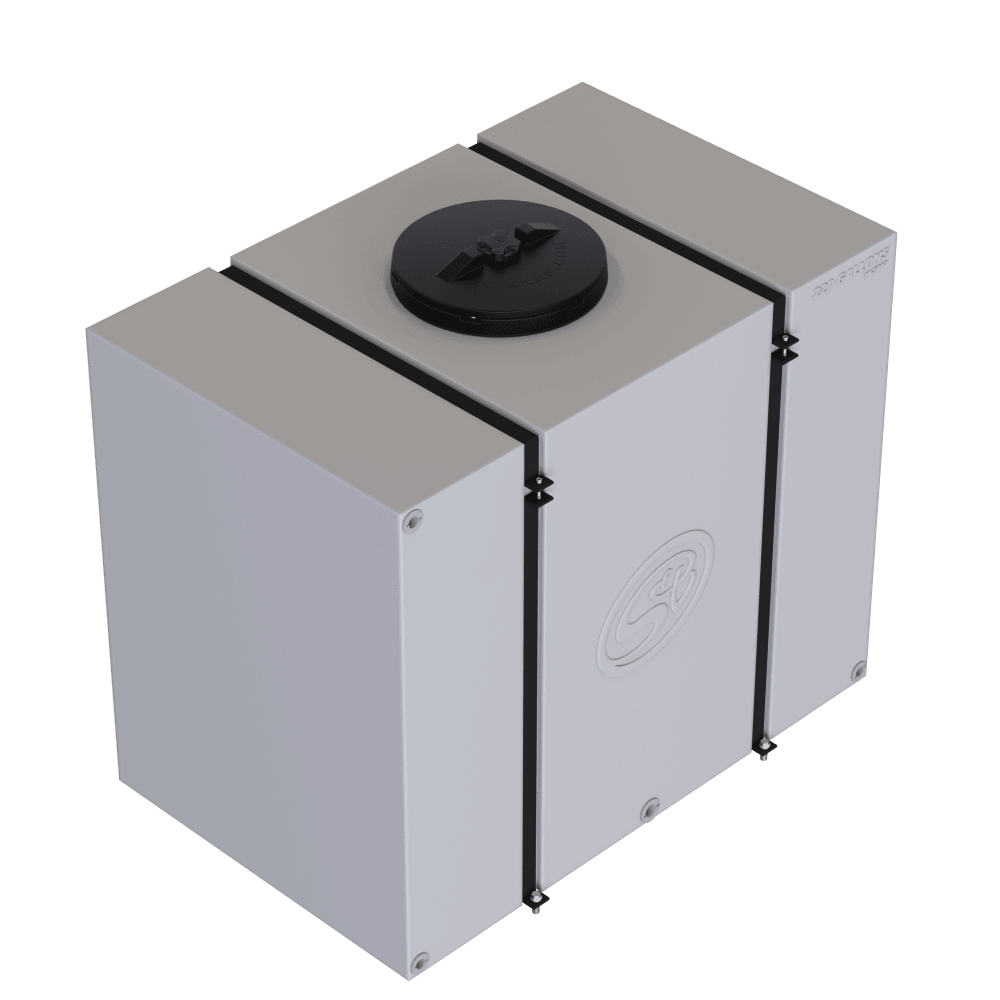 220-gallon detail tank with secure straps and a black cap, designed for efficient fluid storage and transport.
