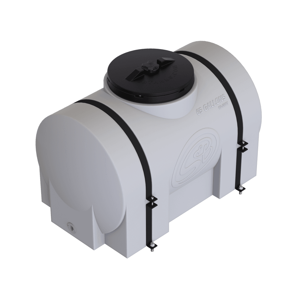 65-gallon detail tank with black cap and straps for secure mounting, ideal for offroad and utility applications.