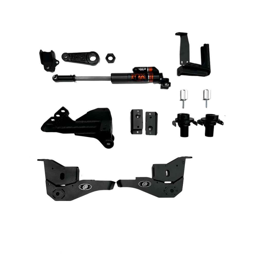 2.5-inch standard lift kit components for 2023+ Ford F250/F350, including shocks, brackets, and installation hardware.
