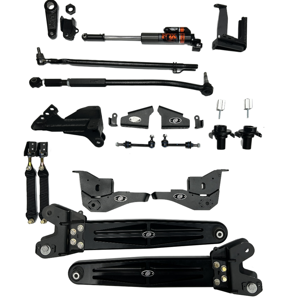 2.5-inch fully loaded suspension kit for 2023+ Ford F250/F350, including shocks, control arms, and installation hardware.