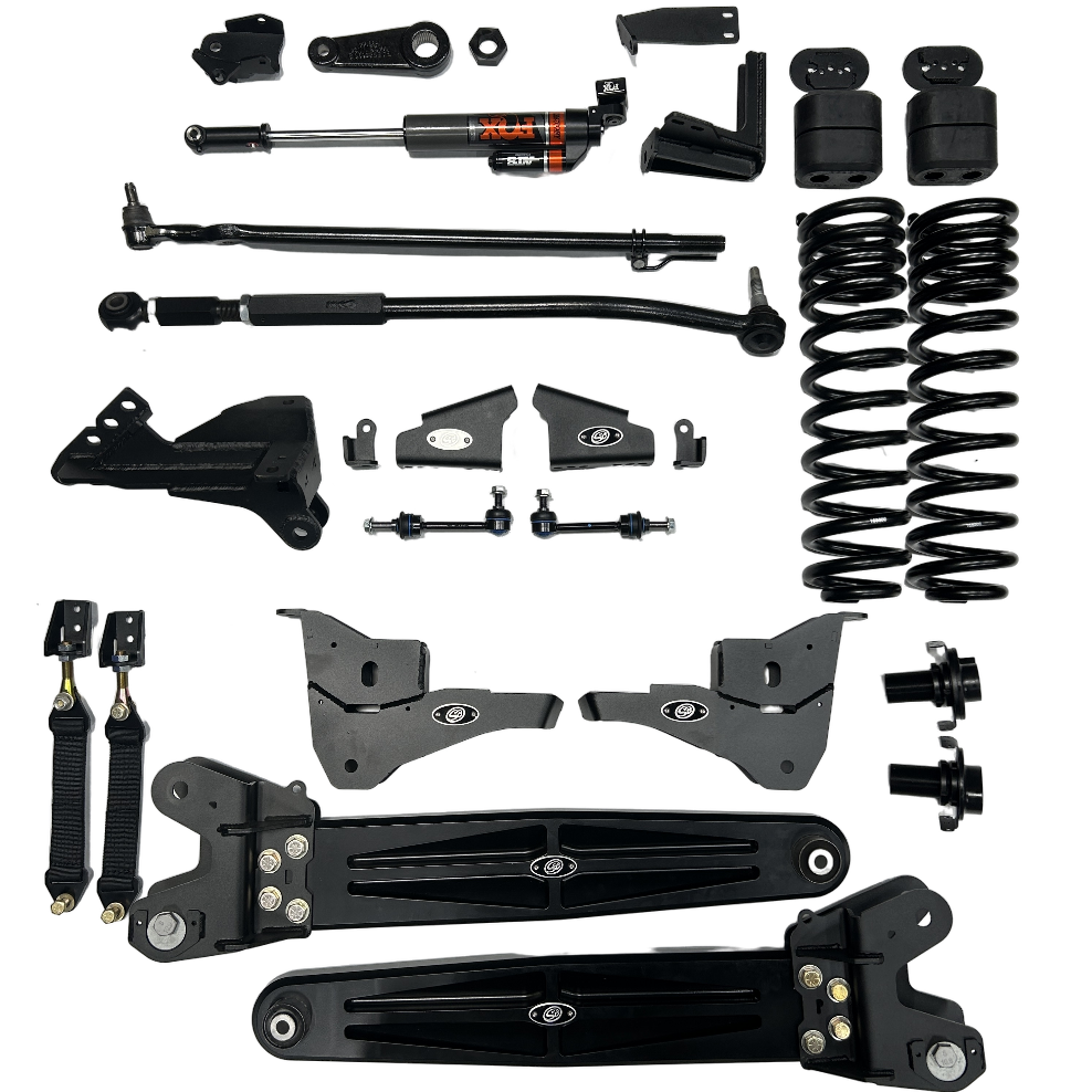 3.5-5.5 inch lift kit components for 2023+ Ford F250/F350, including shocks, springs, and brackets for enhanced offroad performance.
