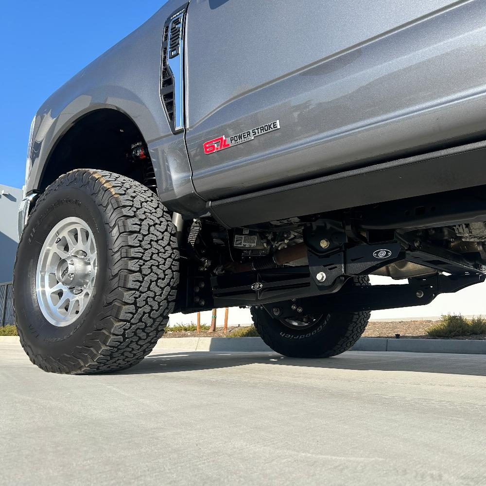 3.5-5.5 inch lift kit installed on a 2023 Ford F250, showcasing enhanced suspension and rugged tires for offroad performance.