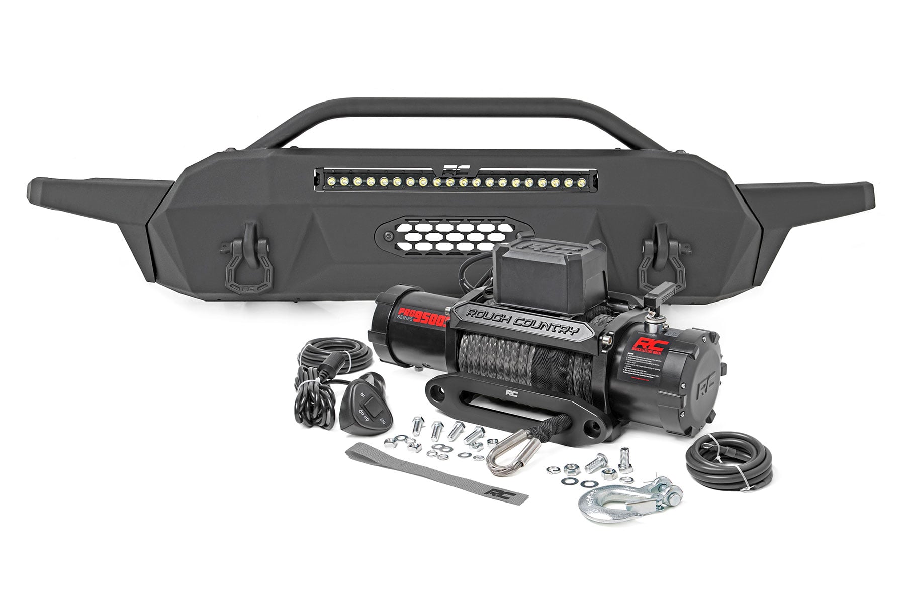 Front Bumper Hybrid 20 Inch Black LED 9500-Lb Winch Syn Toyota Tacoma (16-23) Rough Country