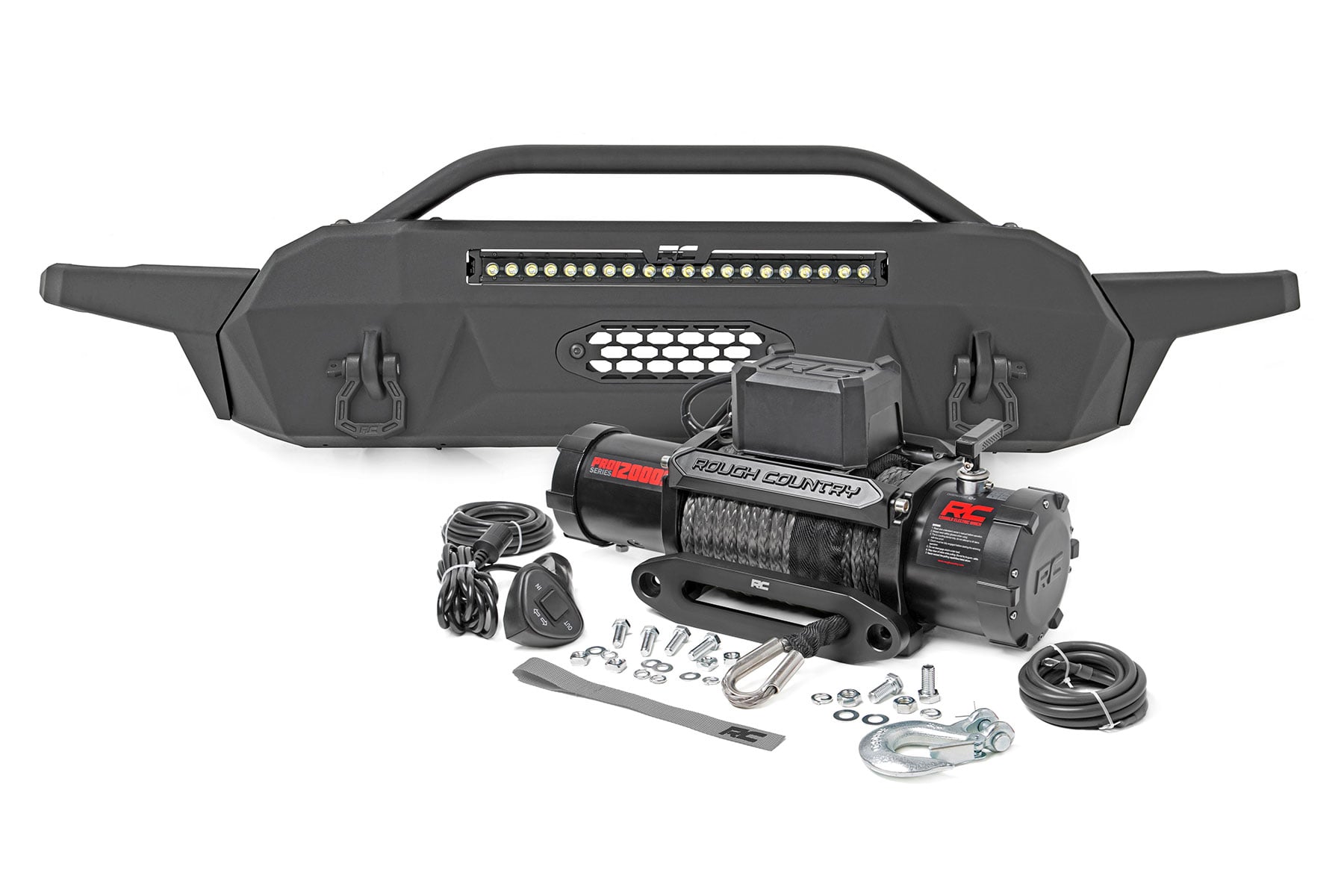 Front Bumper Hybrid 20 Inch Black LED 12000-Lb Winch Syn Toyota Tacoma (16-23) Rough Country