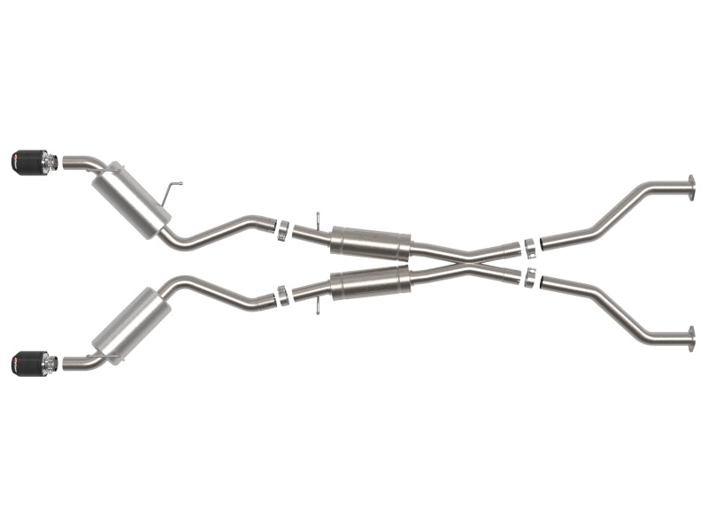 AFE Takeda Cat-Back Exhaust System for Nissan 370Z, featuring dual stainless steel pipes and mufflers designed for V6-3.7L models.