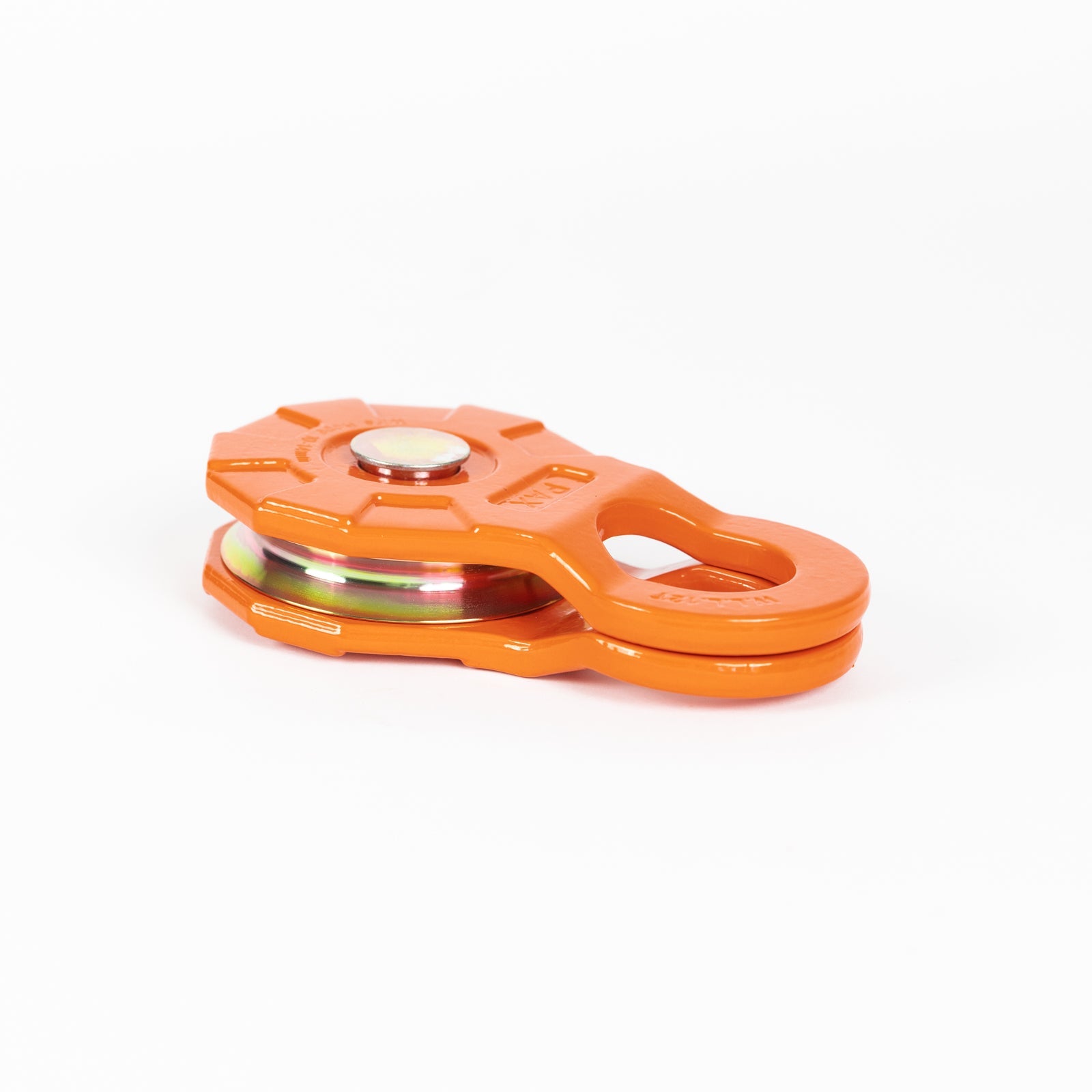 12 Ton Forged Snatch Block in orange, designed for heavy-duty towing and winching applications, showcasing durable construction.