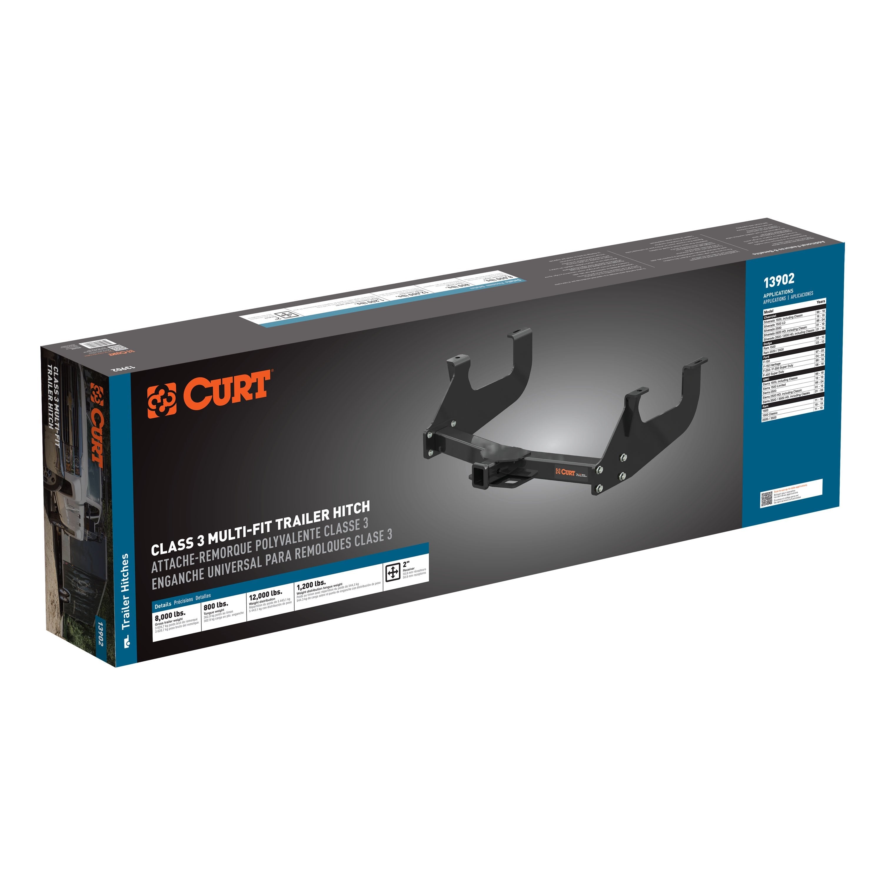 CURT Multi-Fit Class 3 Adjustable Trailer Hitch, 2-Inch Receiver, 8,000 lbs. Select Chevrolet, Ford, GMC, Ram Full-Size Trucks Model 13902