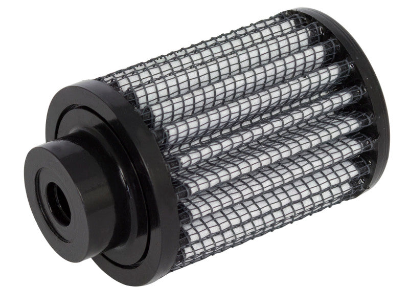 afe PROGUARD fuel filter featuring a cylindrical design with a mesh exterior and a central inlet for efficient filtration.