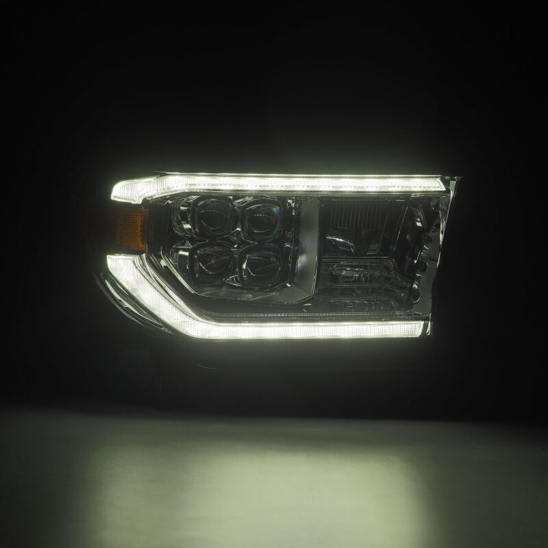 AlphaRex NOVA LED projector headlight for 07-13 Toyota Tundra and 08-17 Sequoia with chrome finish and sequential turn signals.