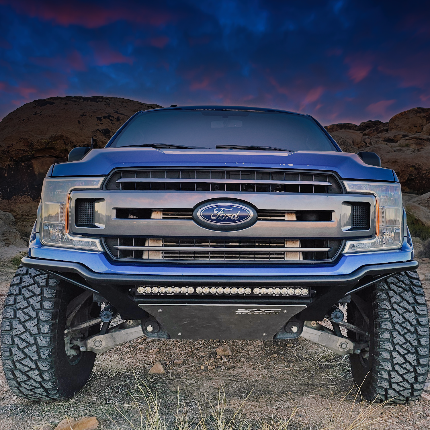 2018-2020 Ford F150 Baja Bumper showcasing rugged design and off-road capability in a desert landscape.