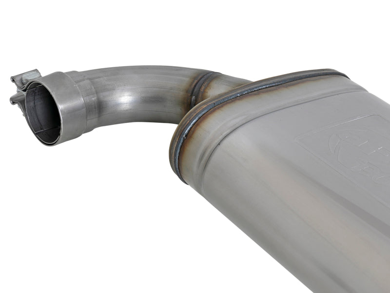Afe MACH Force-Xp axle-back exhaust system for Ford Mustang GT 2015-2017, showcasing polished stainless steel construction and curved pipe design.