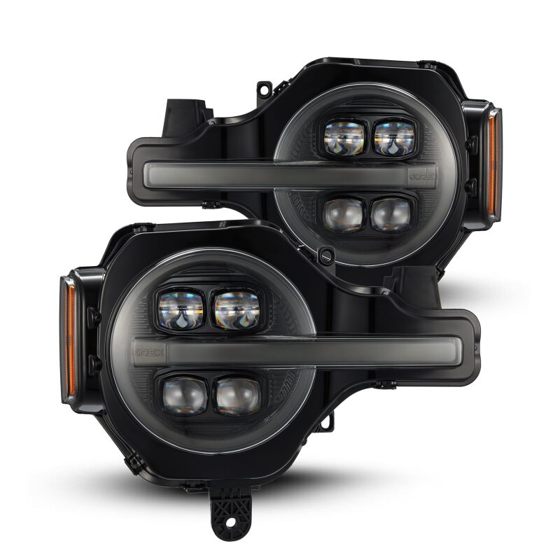 AlphaRex NOVA LED projector headlights for 21-23 Ford Bronco in alpha-black with sequential signals and DRL.