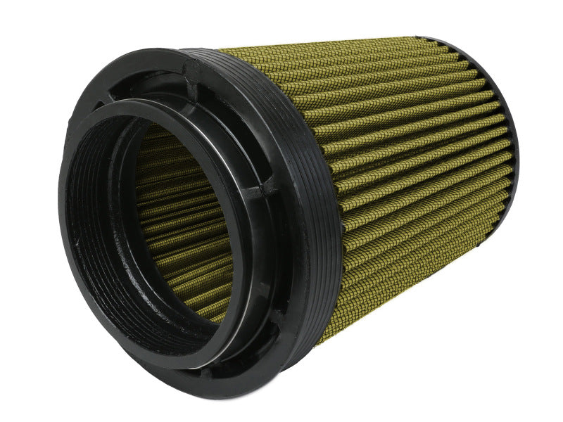 Afe Momentum intake replacement air filter with inverted design, featuring a cylindrical shape and green filter media.