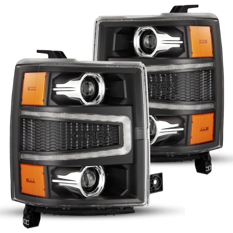 AlphaRex LUXX-Series LED projector headlights for 2004-2015 Chevy 1500HD in black, featuring sequential signals and active lighting.