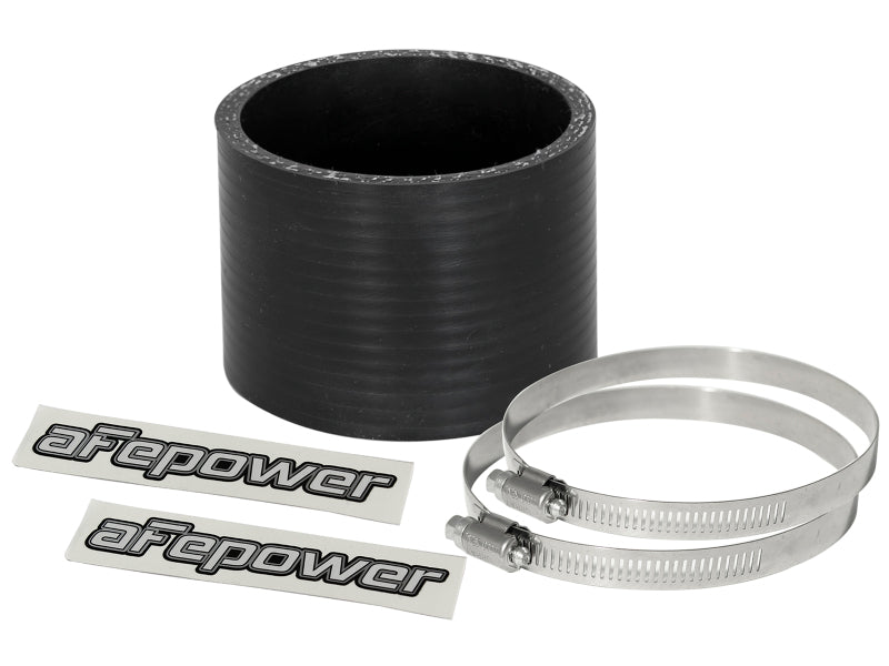 afe Magnum FORCE Intake Coupling Kit featuring a black straight coupler, two stainless steel clamps, and stickers.