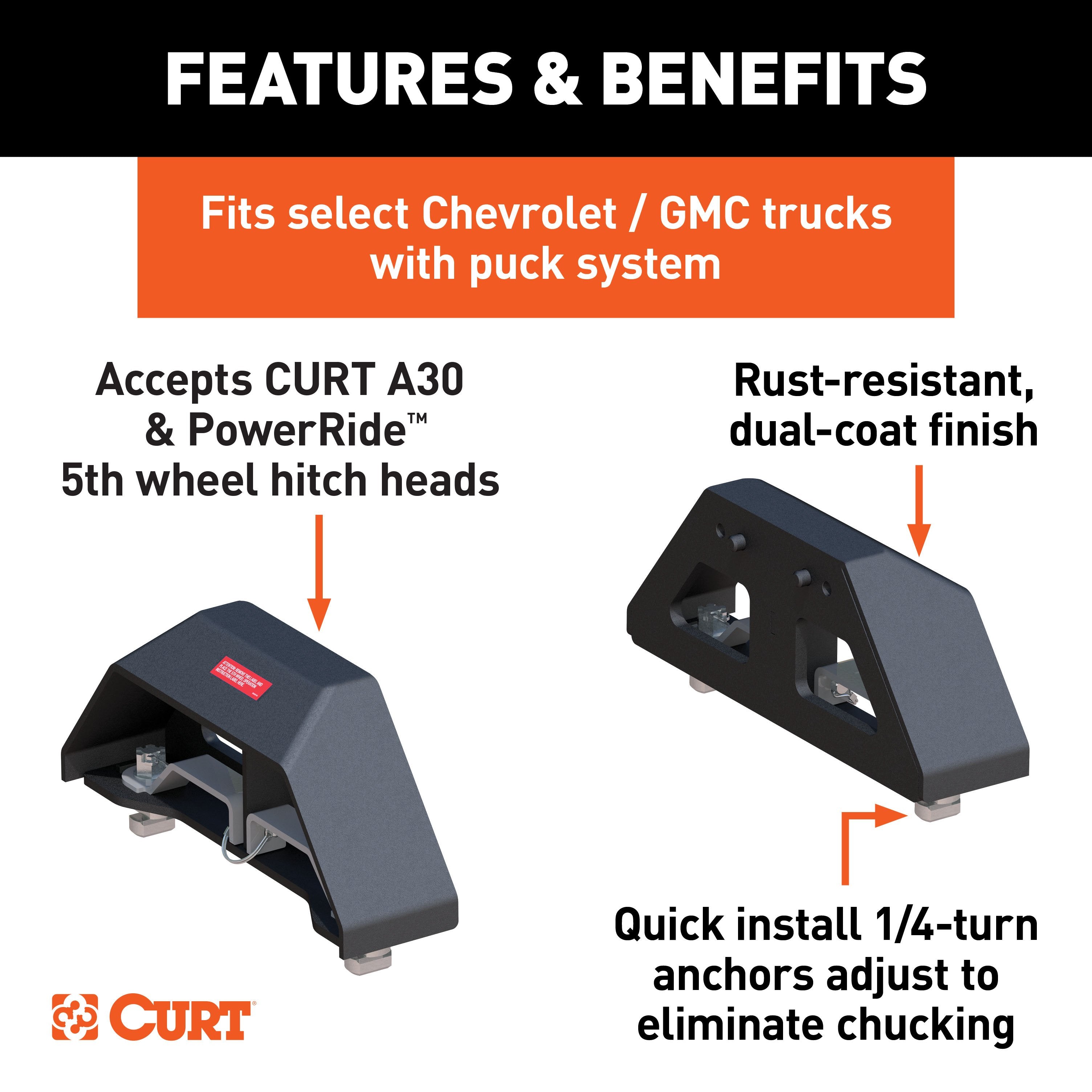 CURT A30 Replacement Chevrolet Silverado, GMC Sierra 2500, 3500 HD Puck 5th Wheel Legs, 30,000 lbs, Carbide Black, Hitch Head Required Model 16024