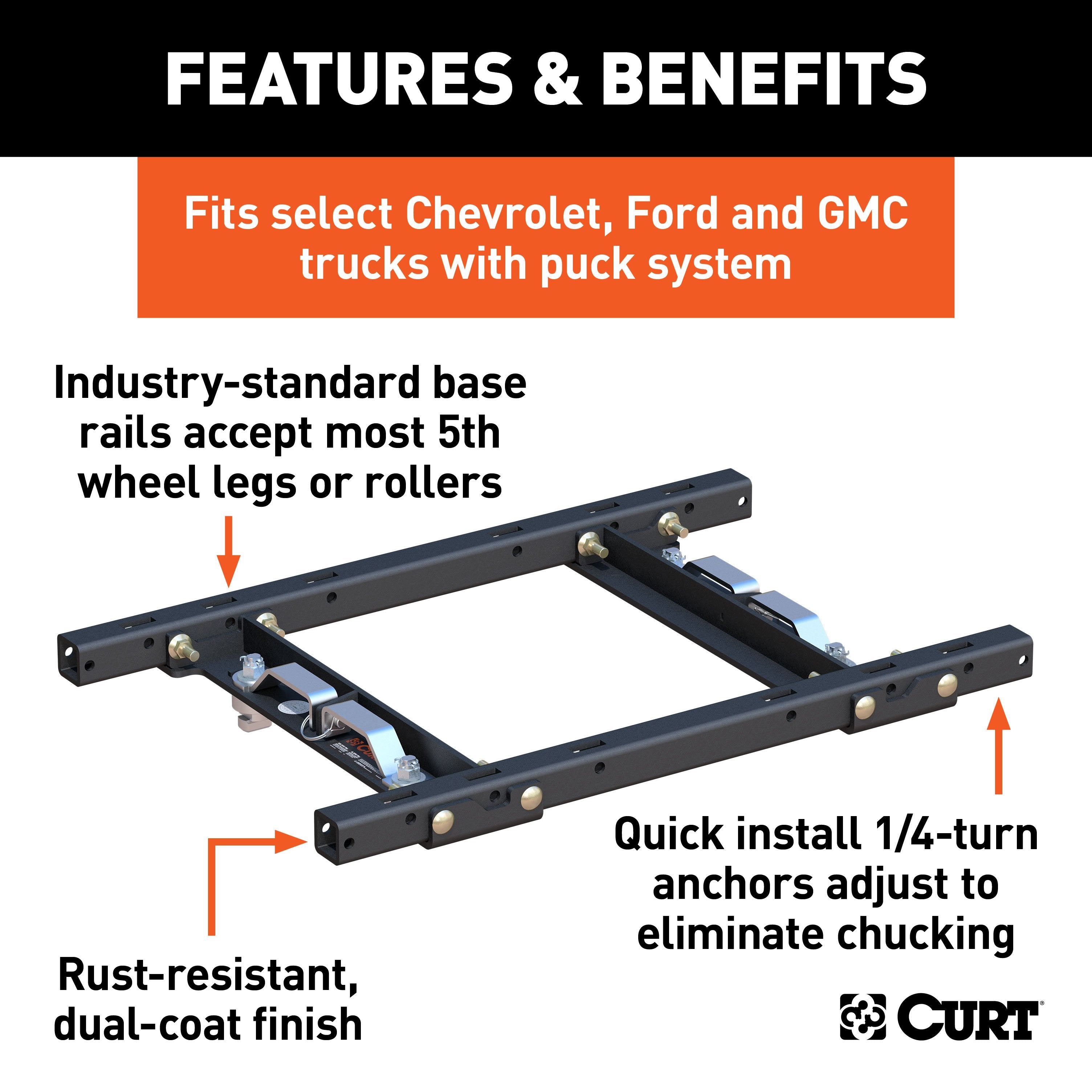 CURT Replacement Silverado, Sierra 2500, 3500, Ford F250, F350 Puck System 5th Wheel Adapter with Standard Rails, 25,000 lbs Model 16027