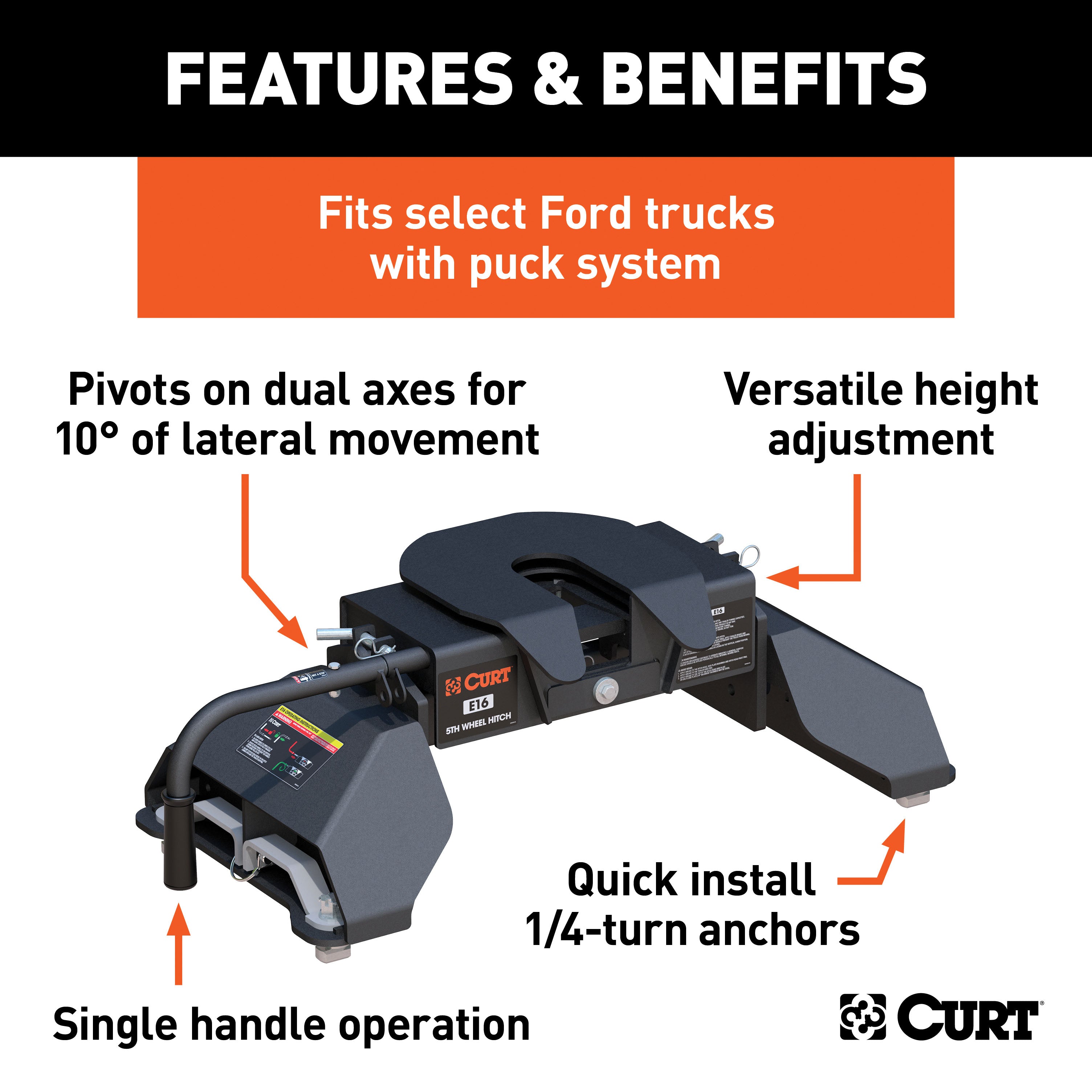 CURT E16 5th Wheel Hitch, 16,000 lbs, Select Ford F-250, F-350, F-450, 8-Foot Bed Puck System Model 16031