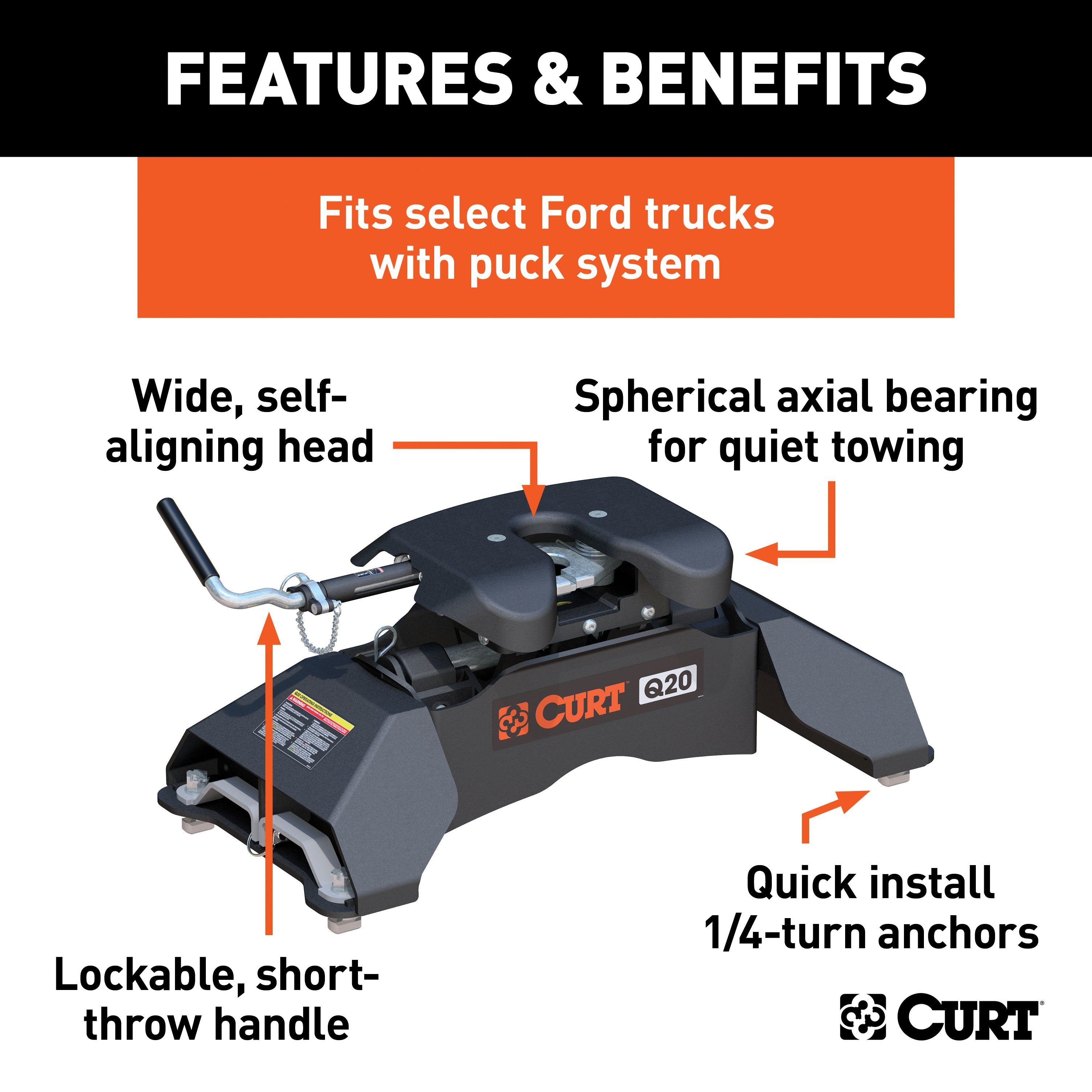 CURT Q20 5th Wheel Hitch, 20,000 lbs, Select Ford F-250, F-350, F-450, 8-Foot Bed Puck System Model 16035