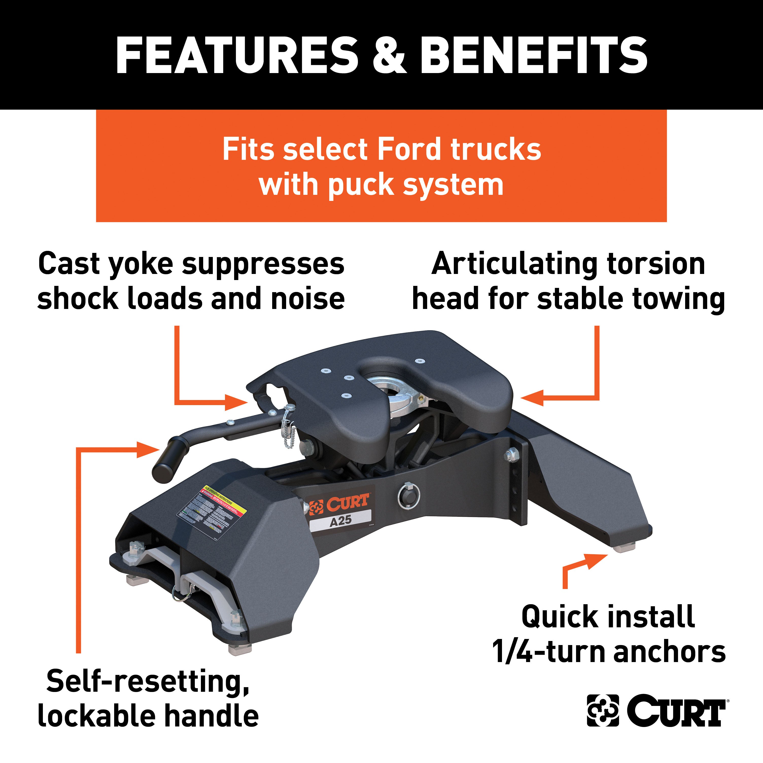 CURT A25 5th Wheel Hitch, 24,000 lbs, Select Ford F-250, F-350, F-450, 8-Foot Bed Puck System Model 16036