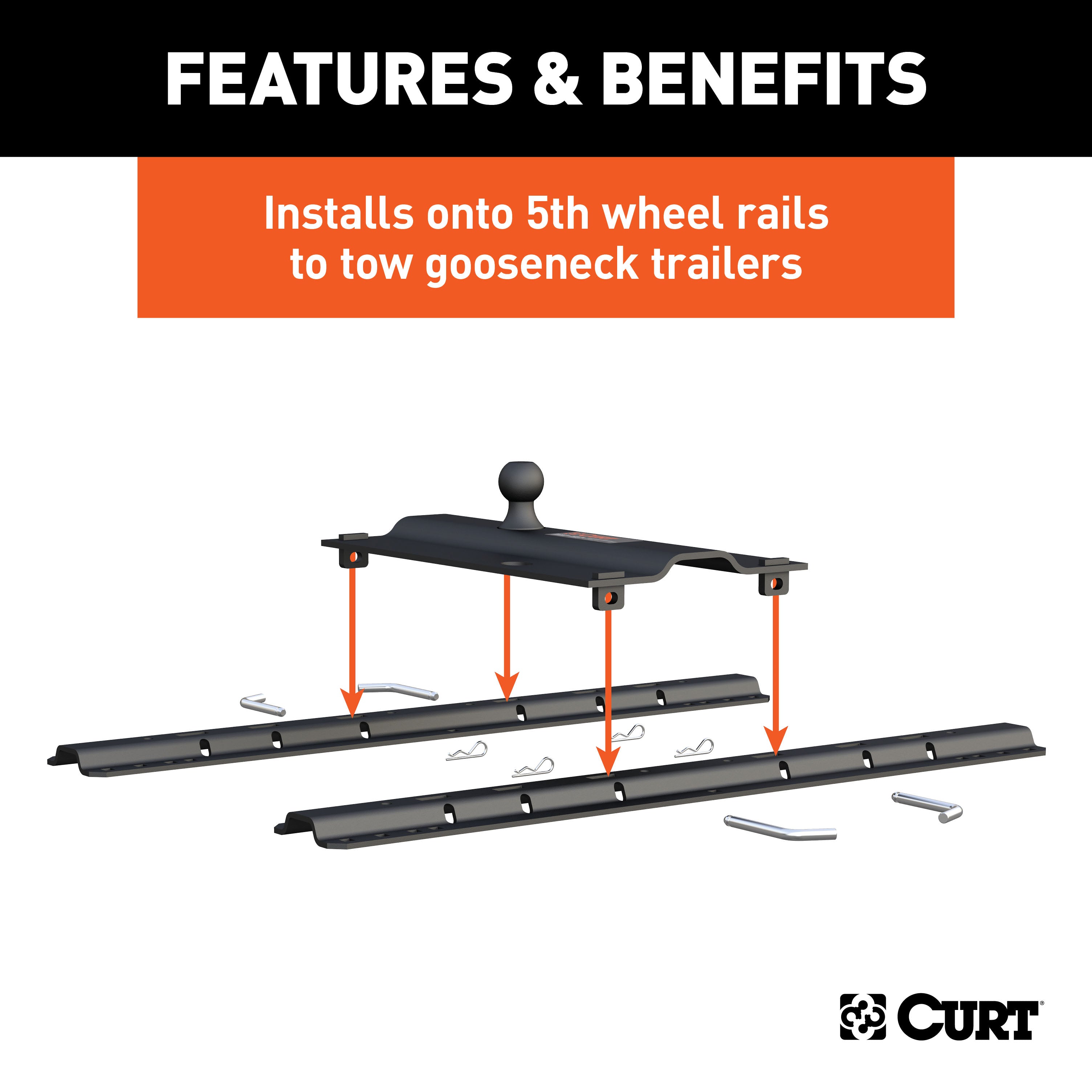 CURT Bent Plate 5th Wheel to Gooseneck Adapter Hitch, Fits Industry-Standard Rails, 25,000 lbs, 2-5/16-Inch Ball Model 16055