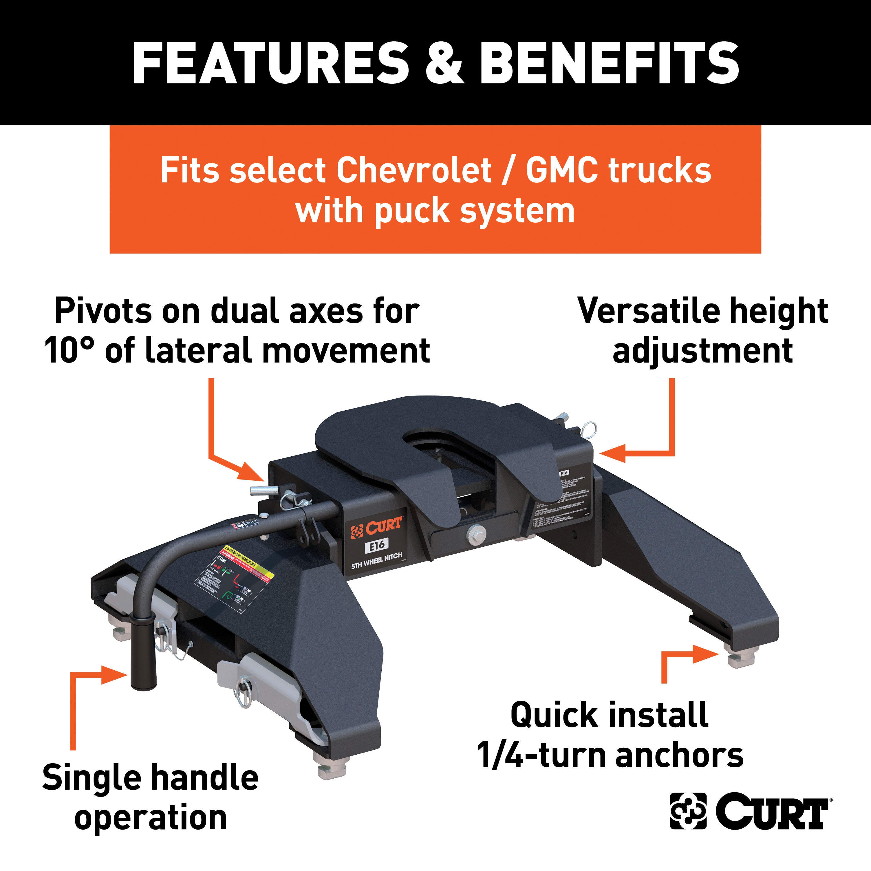 CURT E16 5th Wheel Hitch, 16,000 lbs, Select Chevrolet Silverado, GMC Sierra 2500, 3500 HD, 8-Foot Bed Puck System Model 16061