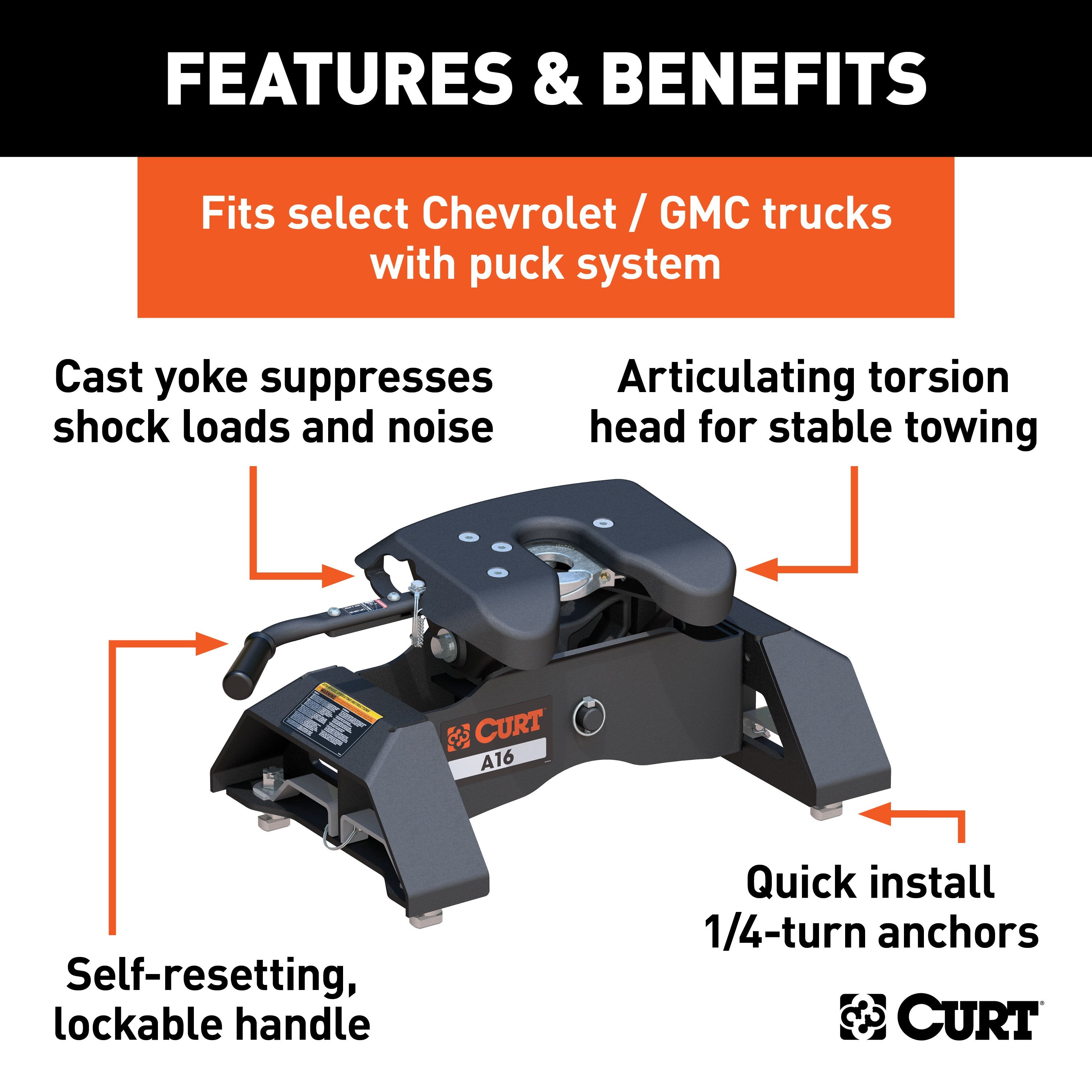 CURT A16 5th Wheel Hitch, 16,000 lbs, Select Chevrolet Silverado, GMC Sierra 2500, 3500 HD, 8-Foot Bed Puck System Model 16091