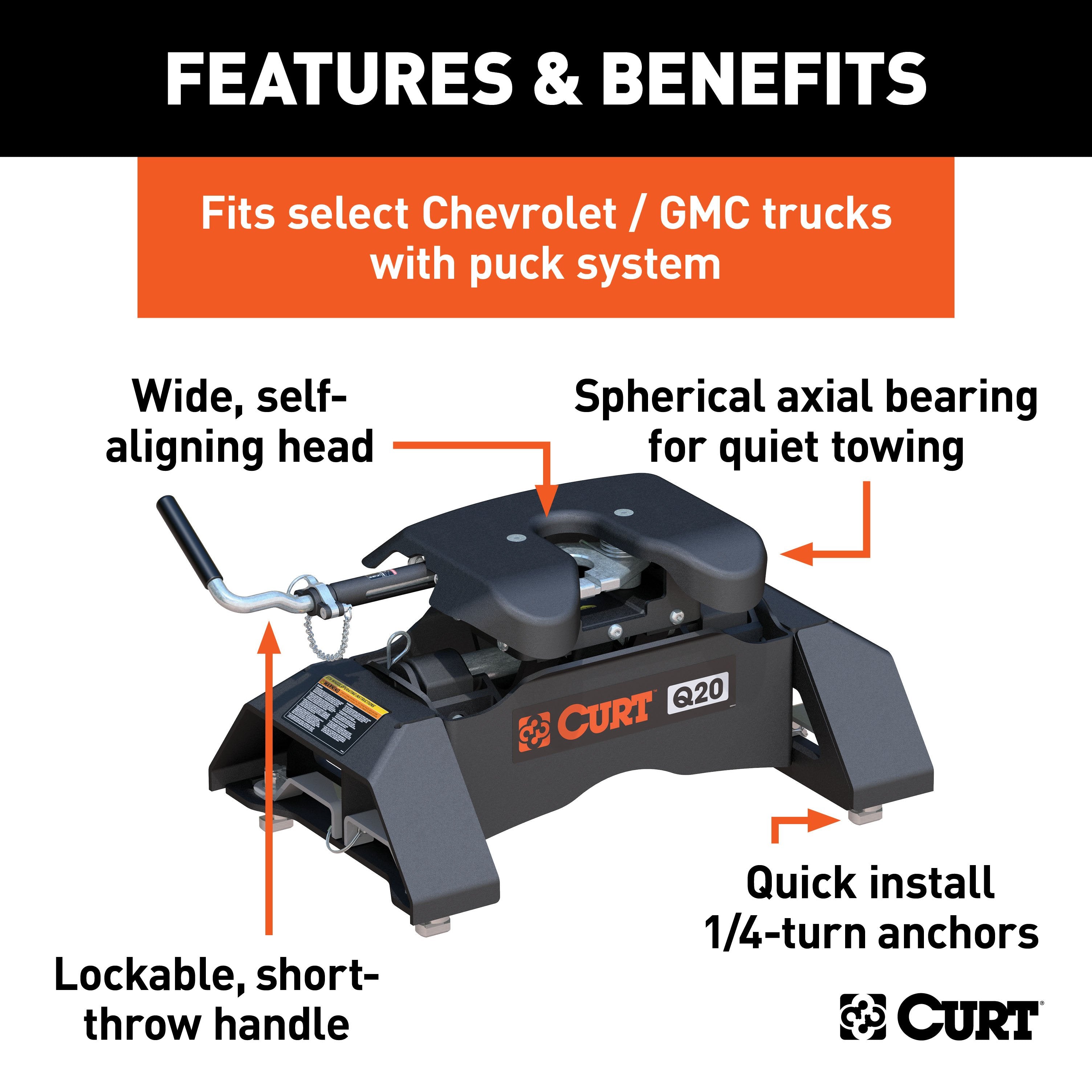 CURT Q20 5th Wheel Hitch, 20,000 lbs, Select Chevrolet Silverado, GMC Sierra 2500, 3500 HD, 8-Foot Bed Puck System Model 16094