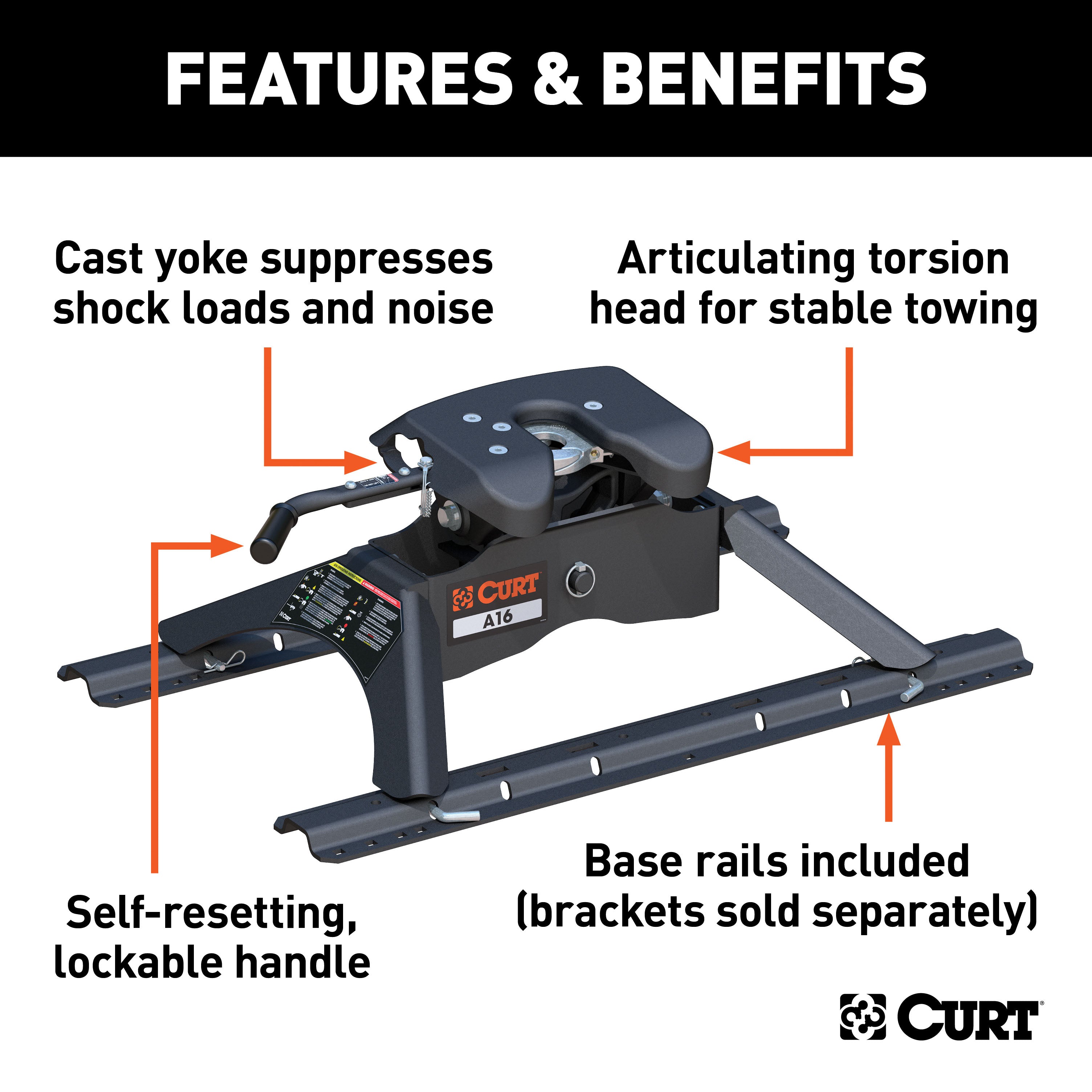 CURT A16 5th Wheel Hitch with Base Rails, 16,000 lbs Model 16121
