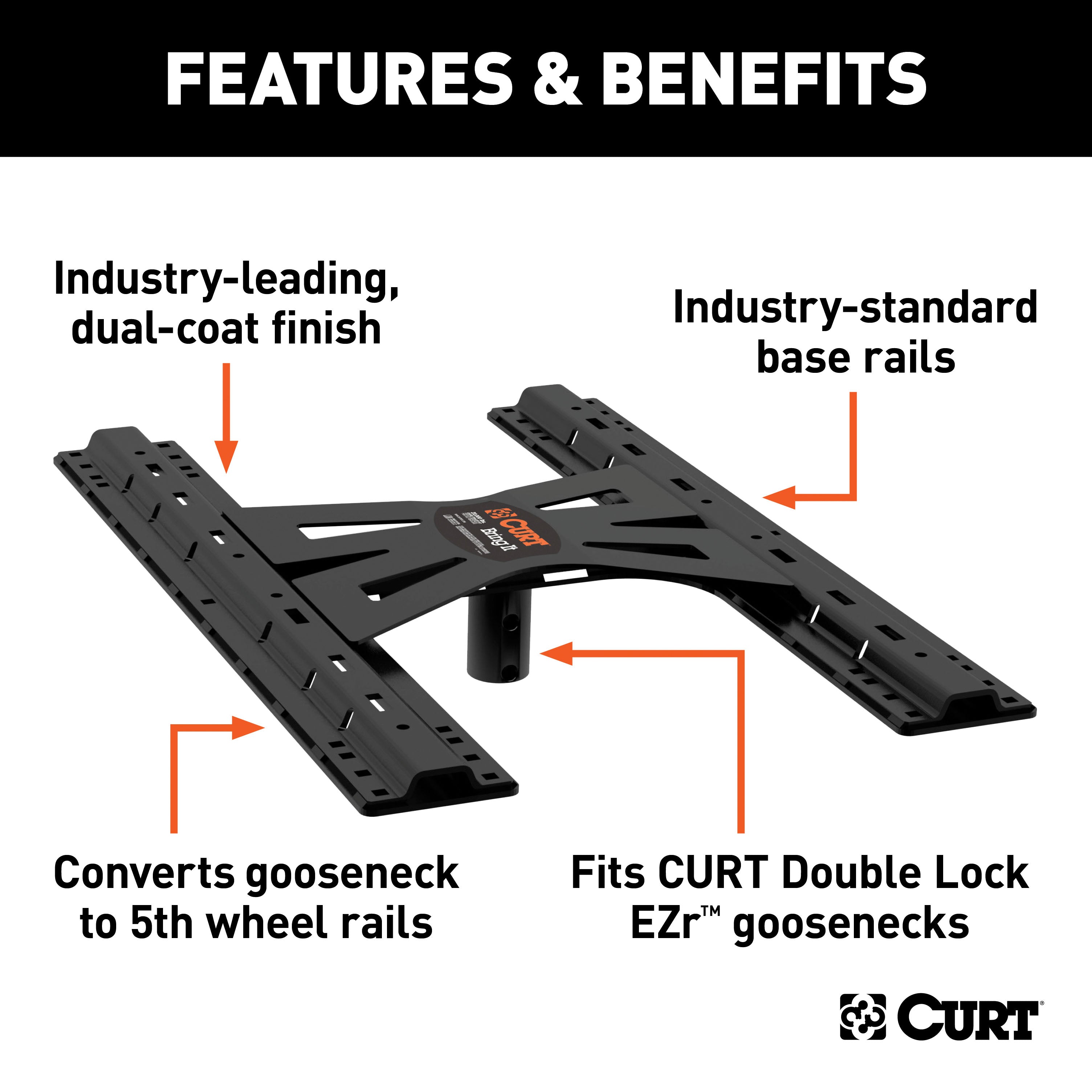 CURT X5 Gooseneck to 5th Wheel Adapter for Double Lock EZr Hitches, Industry-Standard Base Rails, 20,000 lbs Model 16220