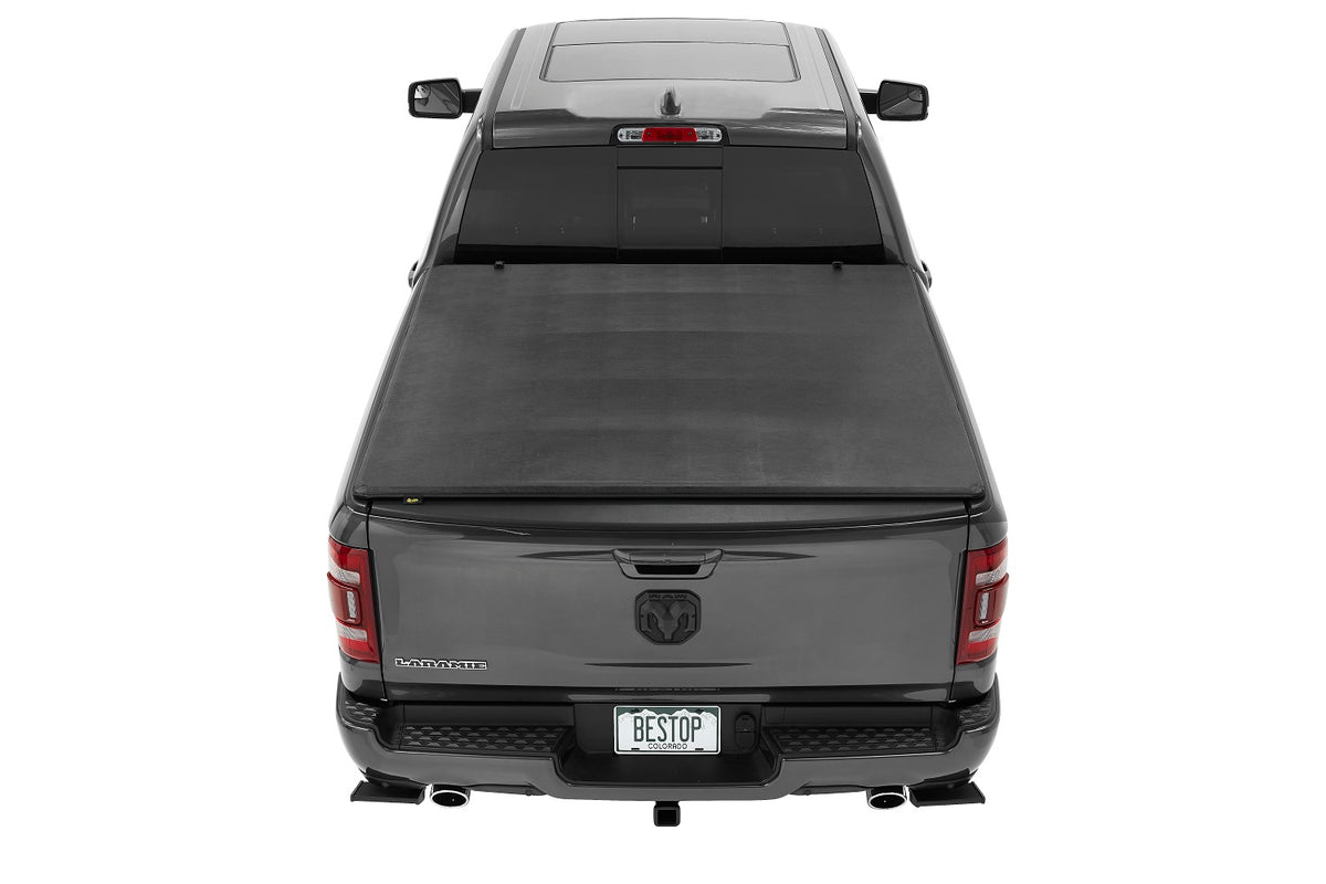 Soft Tri-Fold Tonneau Cover EZ-Fold  For Ram 2019-2024 1500 5.7 Foot Black Tailgate Spoiler Not Included Bestop