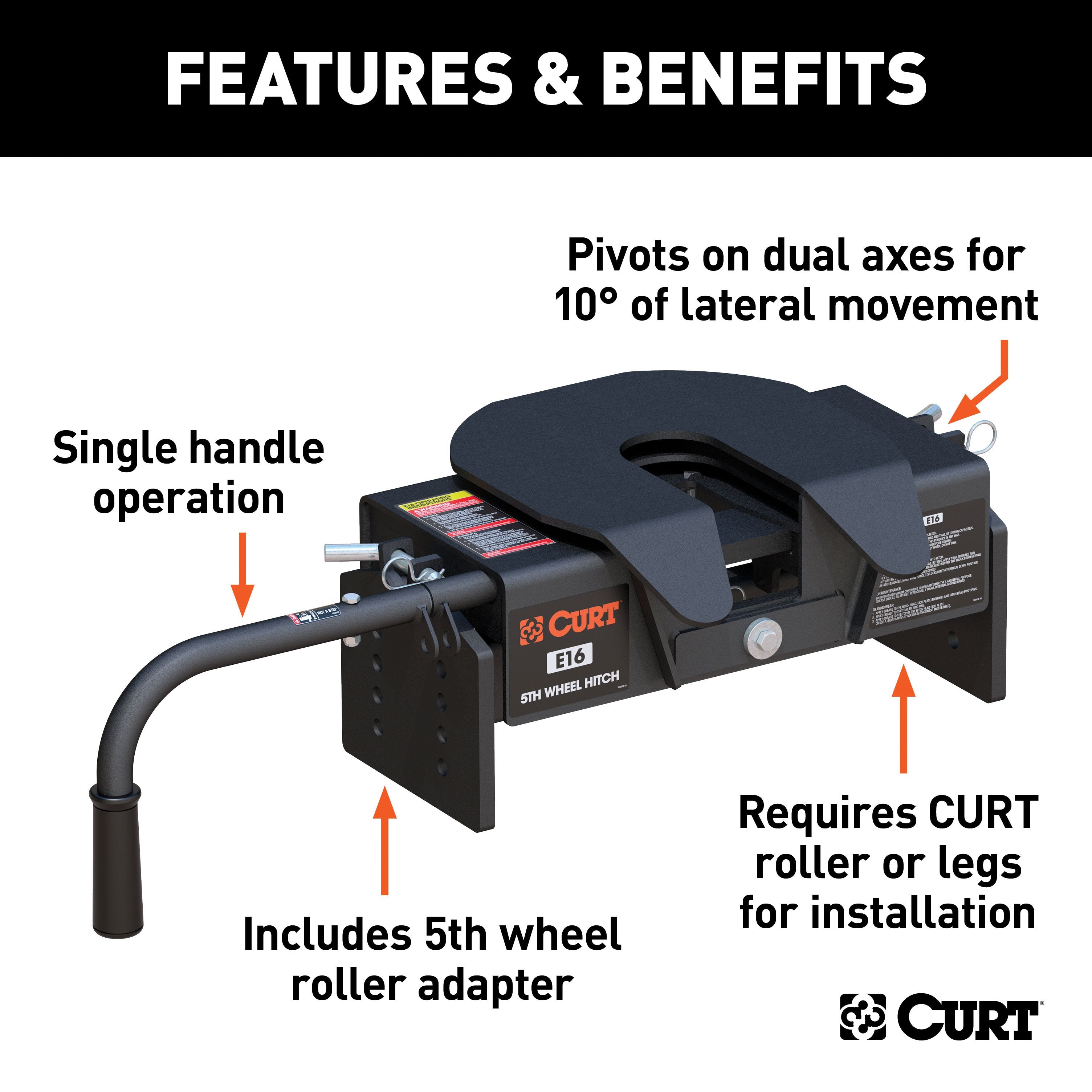 CURT E16 5th Wheel Hitch Head Only, Legs or Roller Required, 16,000 lbs Model 16515