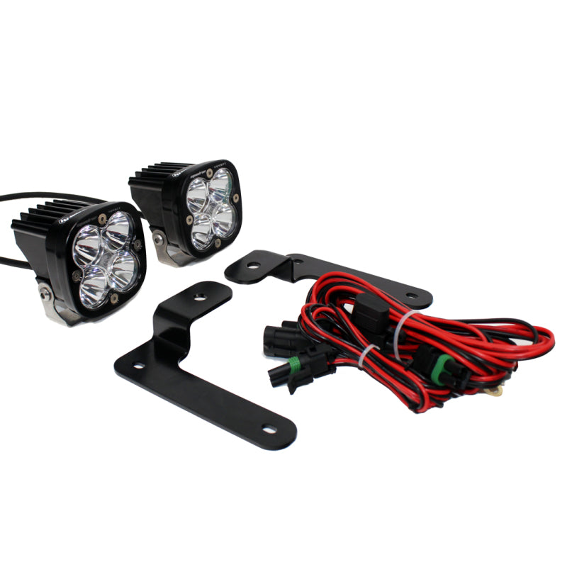 Baja Designs 2018 Wrangler JL A-Pillar Light Kit with two LED lights, mounting brackets, and wiring harness.
