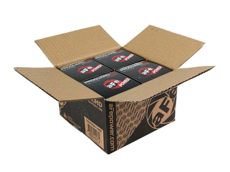 Box of aFe ProGuard oil filters, showcasing multiple filters neatly packaged for automotive maintenance and performance.