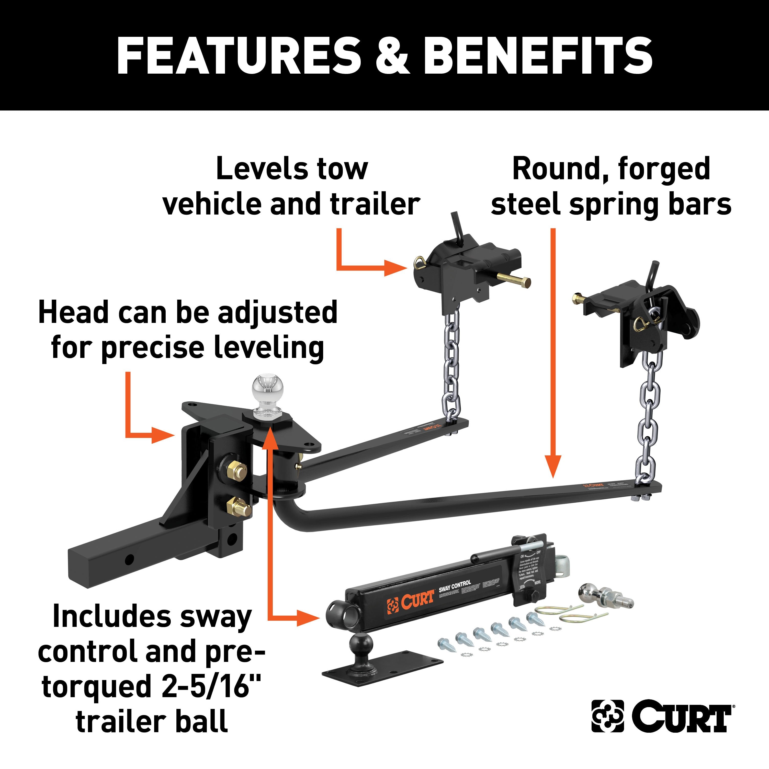 CURT Round Bar Weight Distribution Hitch with Integrated Lubrication and Sway Control, Up to 10K, 2-In Shank, 2-5/16-Inch Ball Model 17062