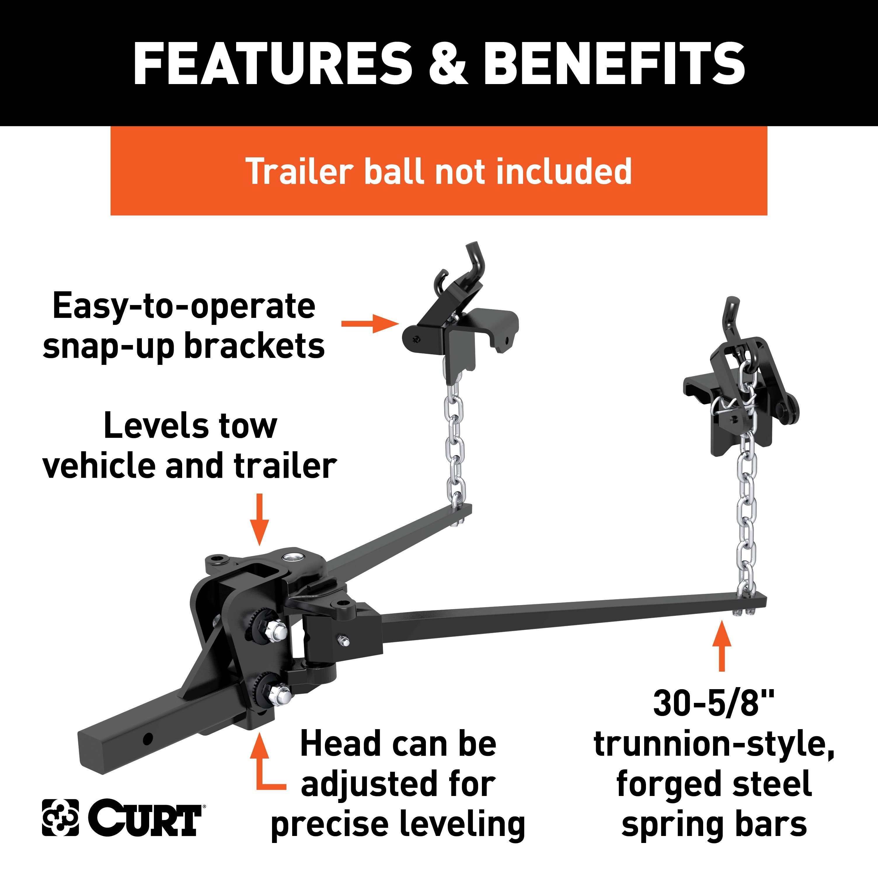 CURT Long Trunnion Bar Weight Distribution Hitch, Up to 10K, 2-Inch Shank Model 17302
