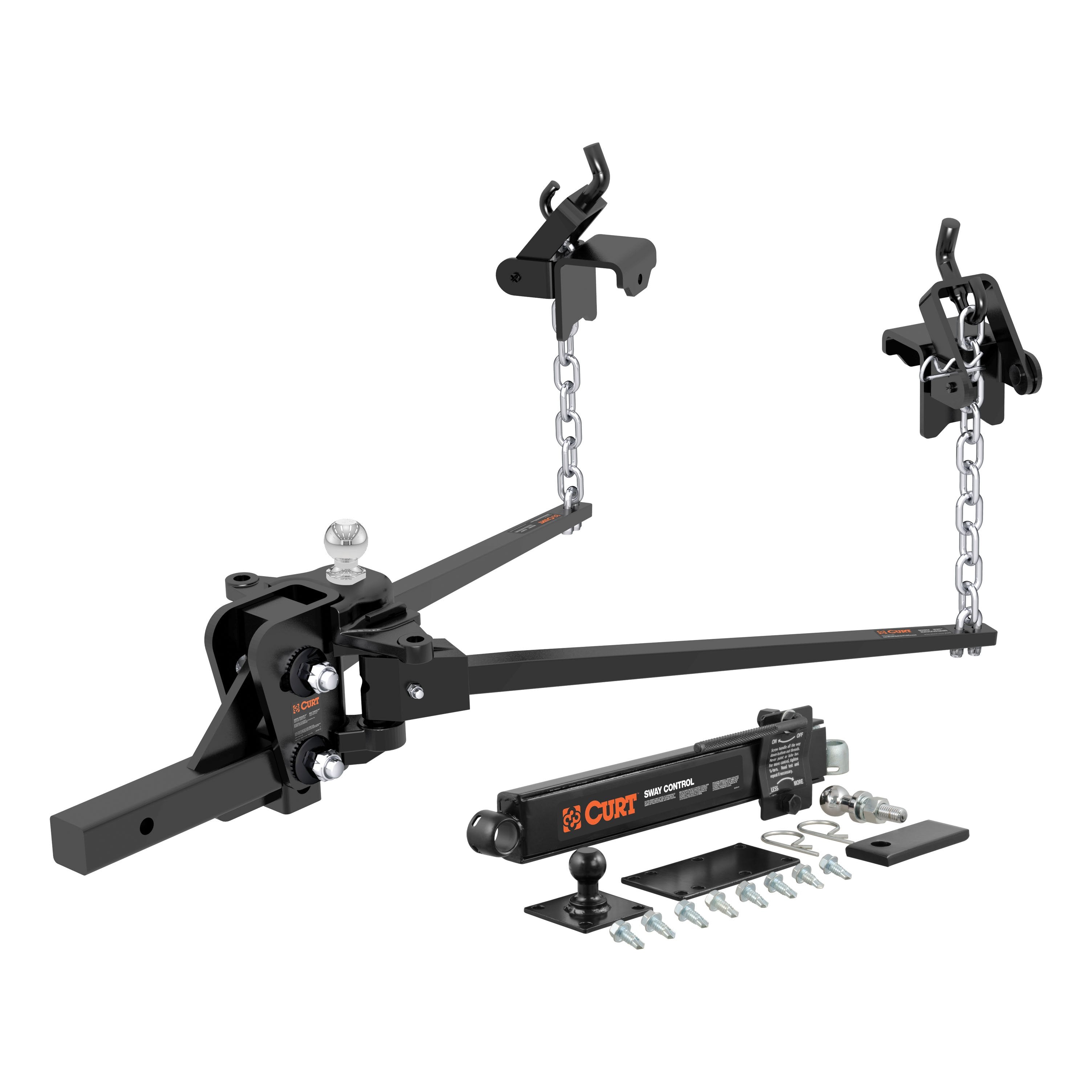 CURT Short Trunnion Bar Weight Distribution Hitch with Sway Control, Up to 10K, 2-In Shank, 2-5/16-Inch Ball Model 17322