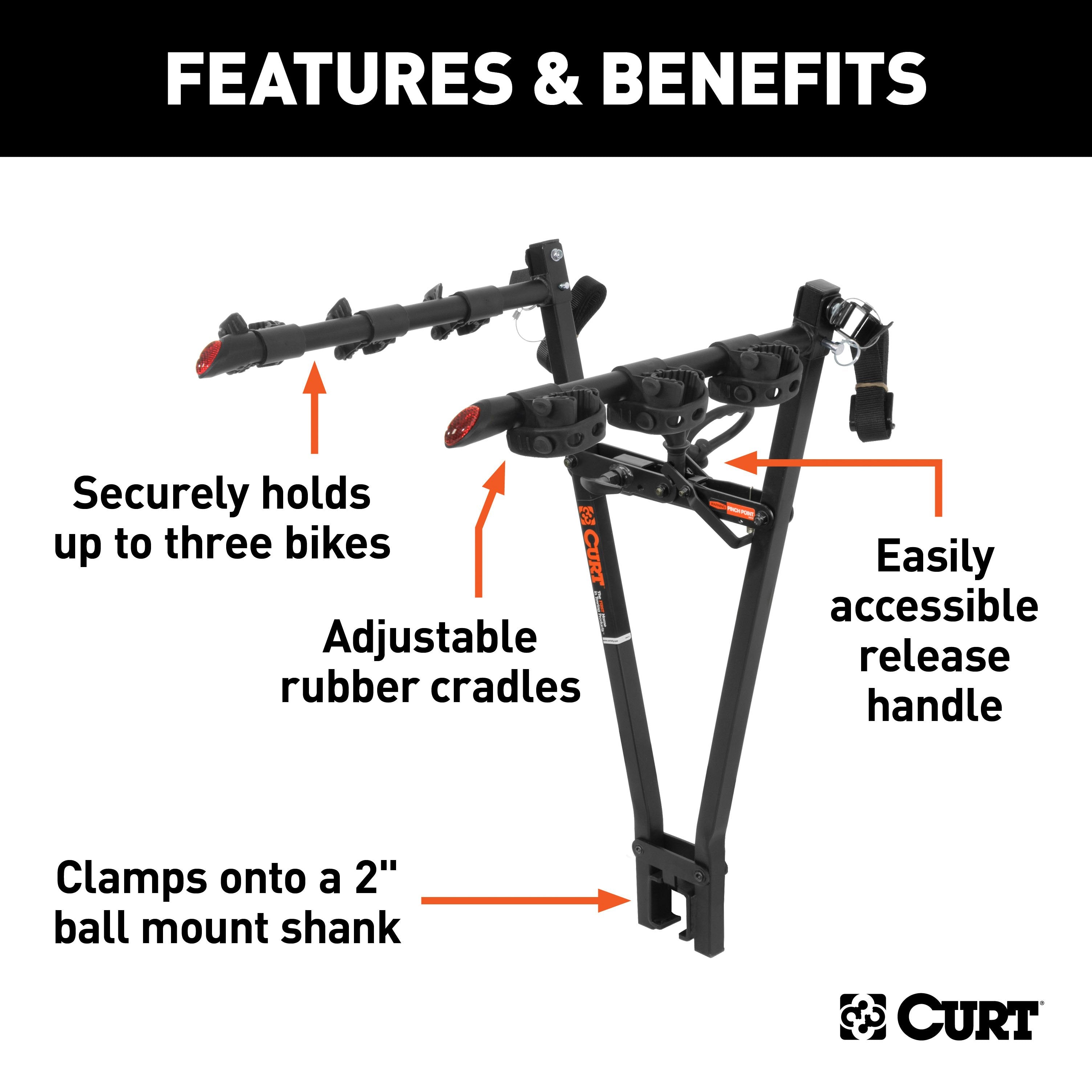 CURT Clamp-On Trailer Hitch Bike Rack Mount, Fits 2-Inch Shank, 3 Bicycles Model 18013