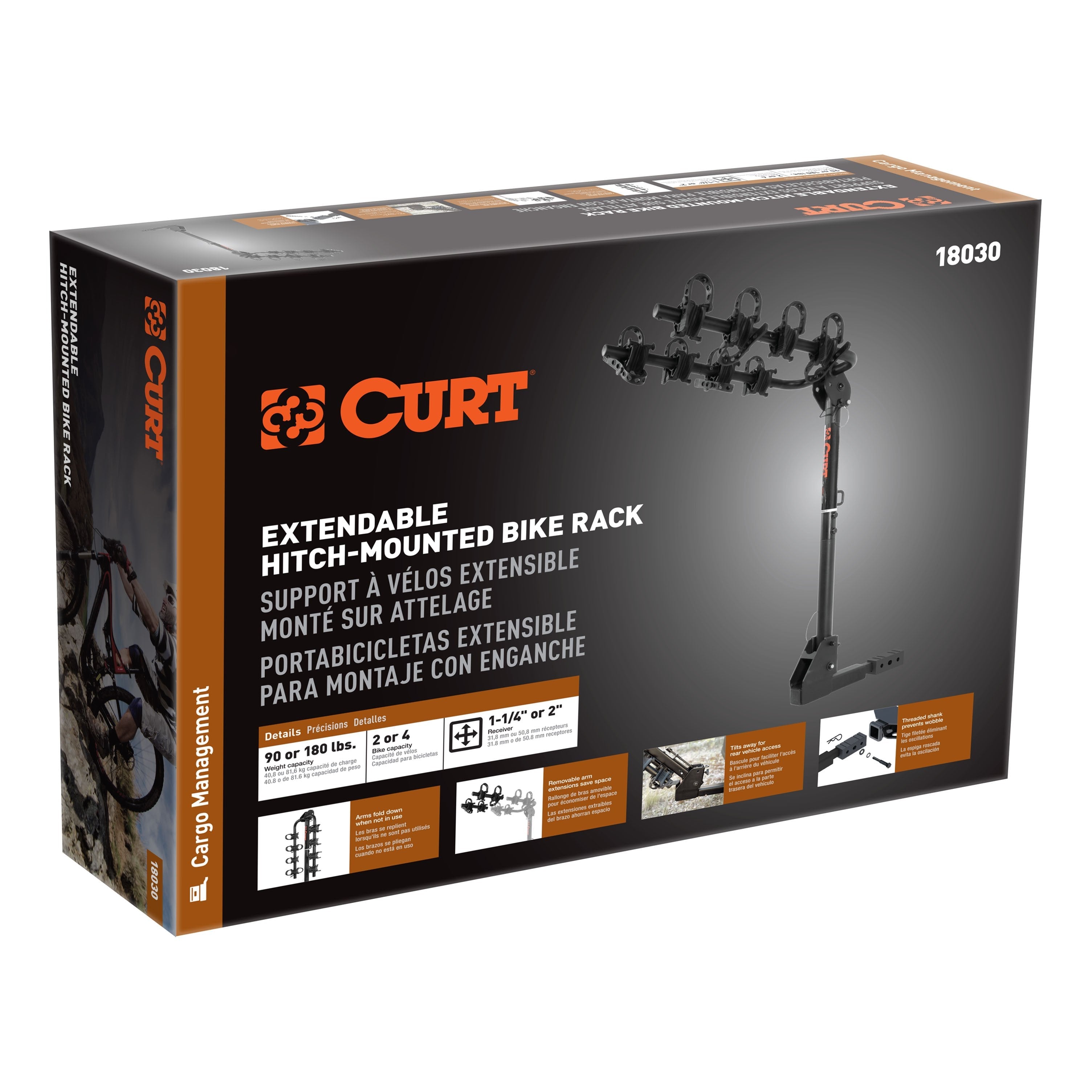 CURT Extendable Trailer Hitch Bike Rack Mount, Fits 1-1/4, 2-Inch Receiver, 2 or 4 Bicycles Model 18030