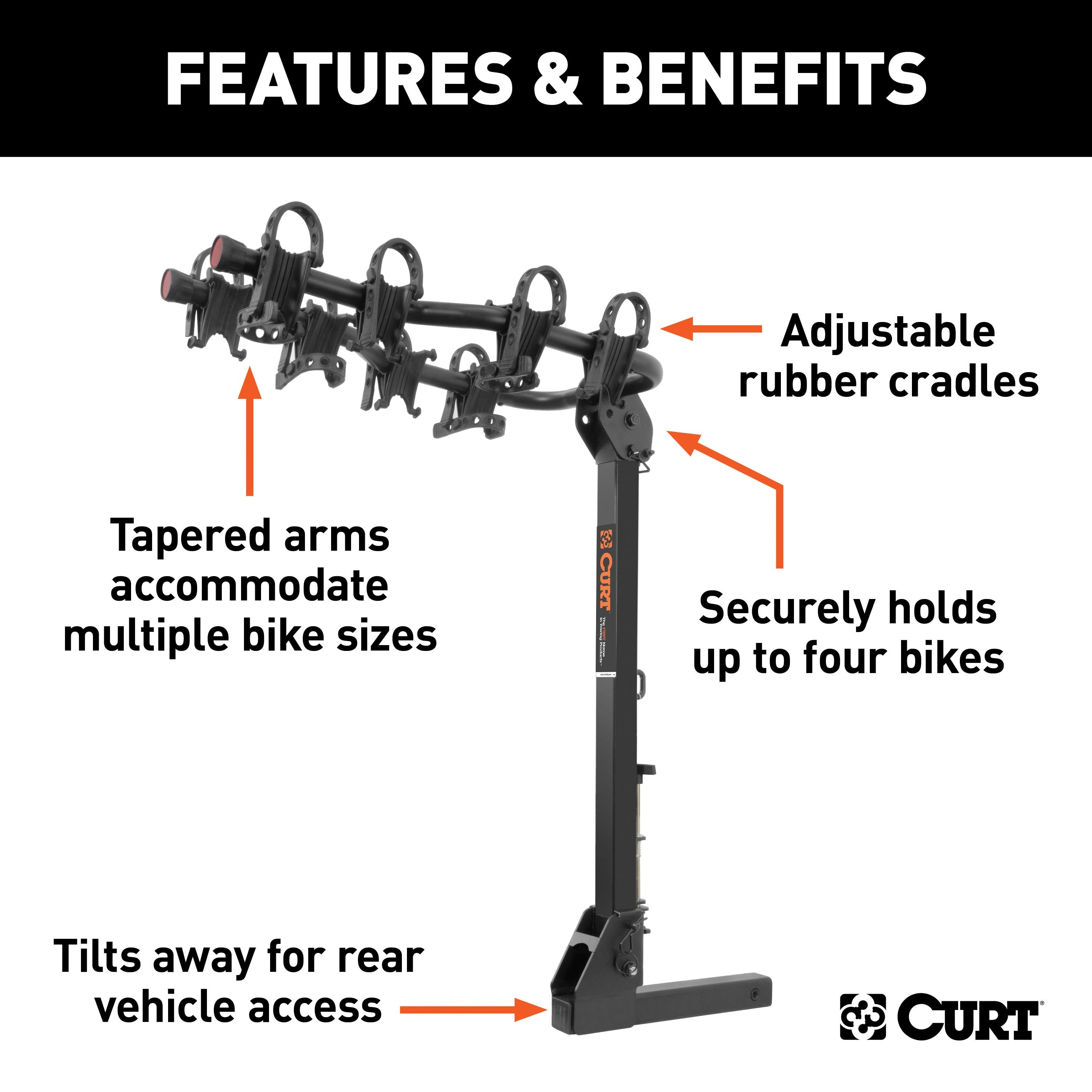 CURT Premium Trailer Hitch Bike Rack Mount, Fits 2-Inch Receiver, 4 Bicycles Model 18064