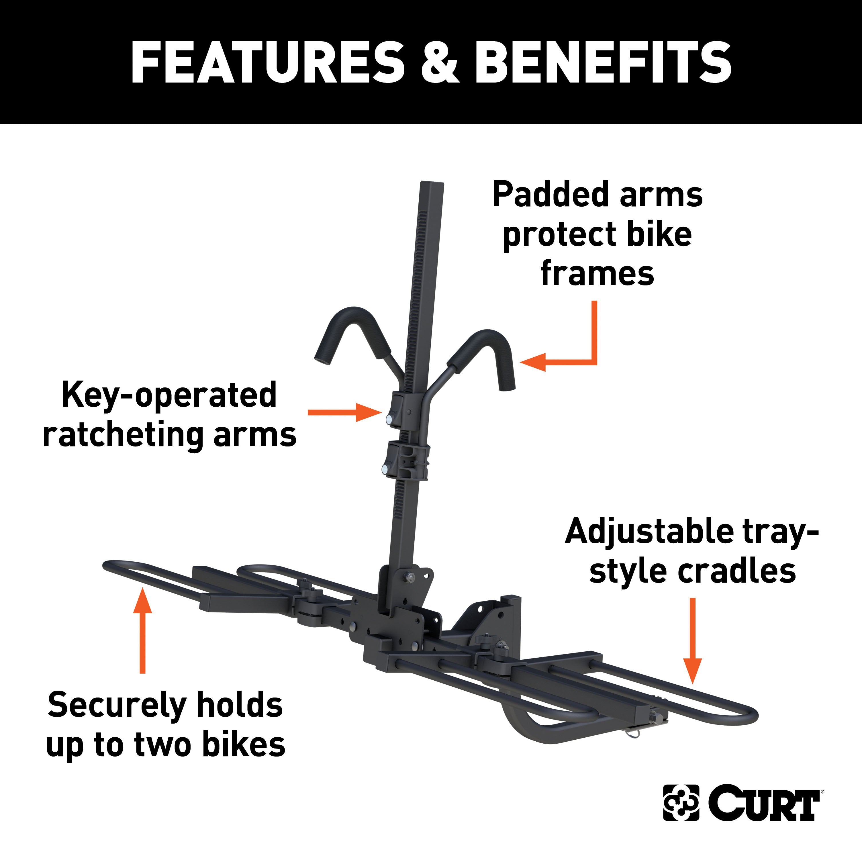 CURT Secure Locking Tray-Style Trailer Hitch Bike Rack Mount, 2 Bikes, Fits 1-1/4, 2-Inch Receiver Model 18085