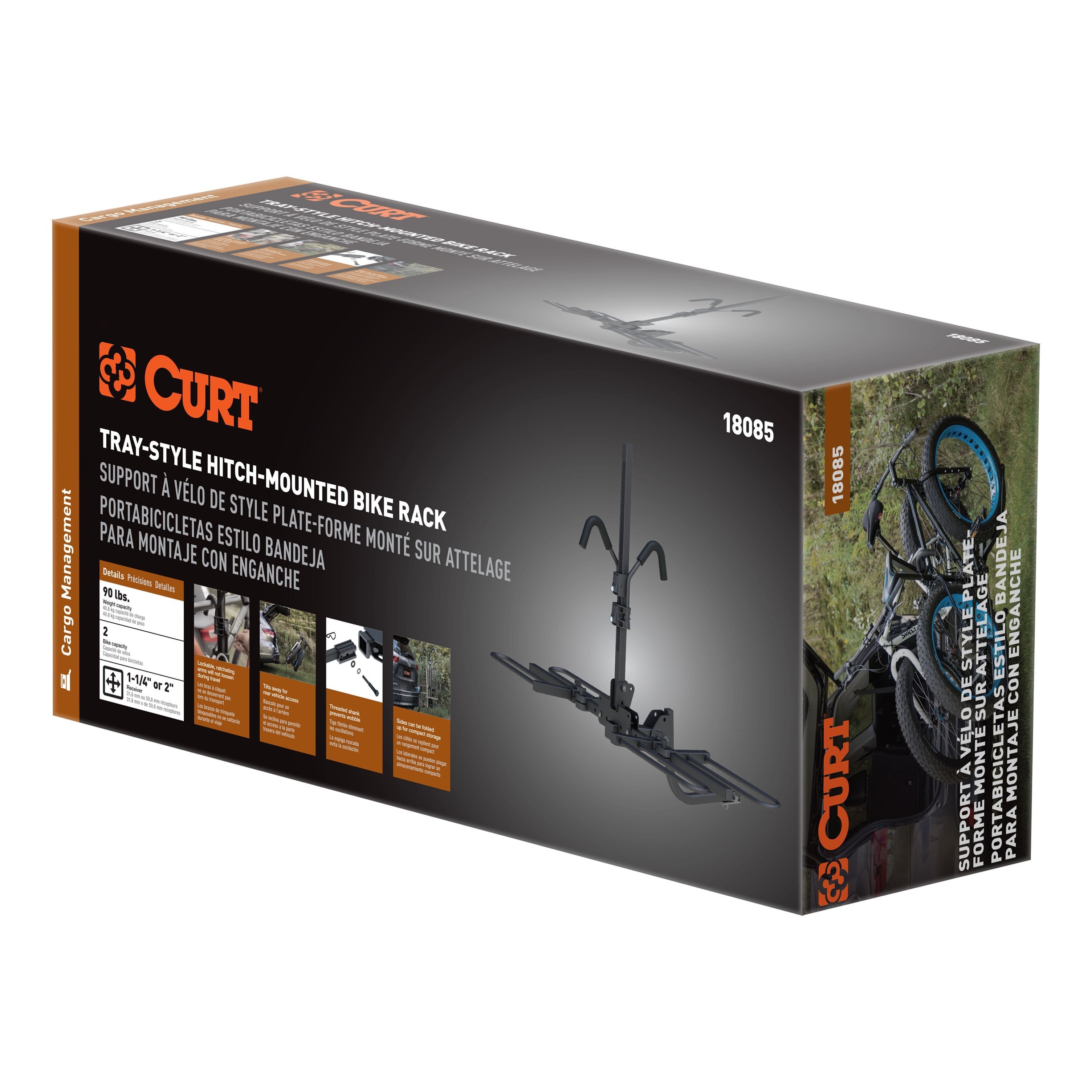 CURT Secure Locking Tray-Style Trailer Hitch Bike Rack Mount, 2 Bikes, Fits 1-1/4, 2-Inch Receiver Model 18085