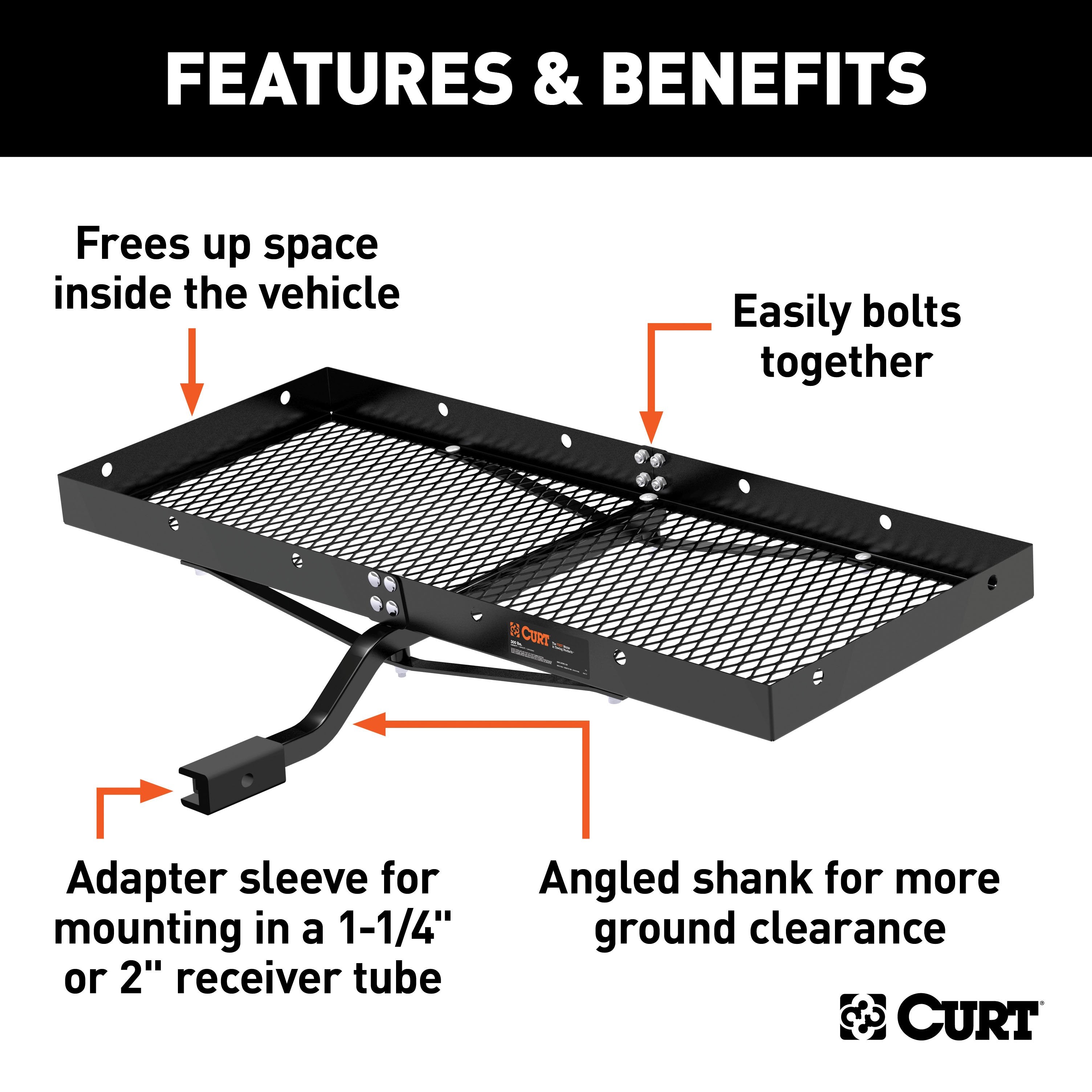 CURT 48 x 20-Inch Tray Hitch Cargo Carrier, 300 lbs Capacity, 1-1/4, 2-In Adapter Shank Model 18110