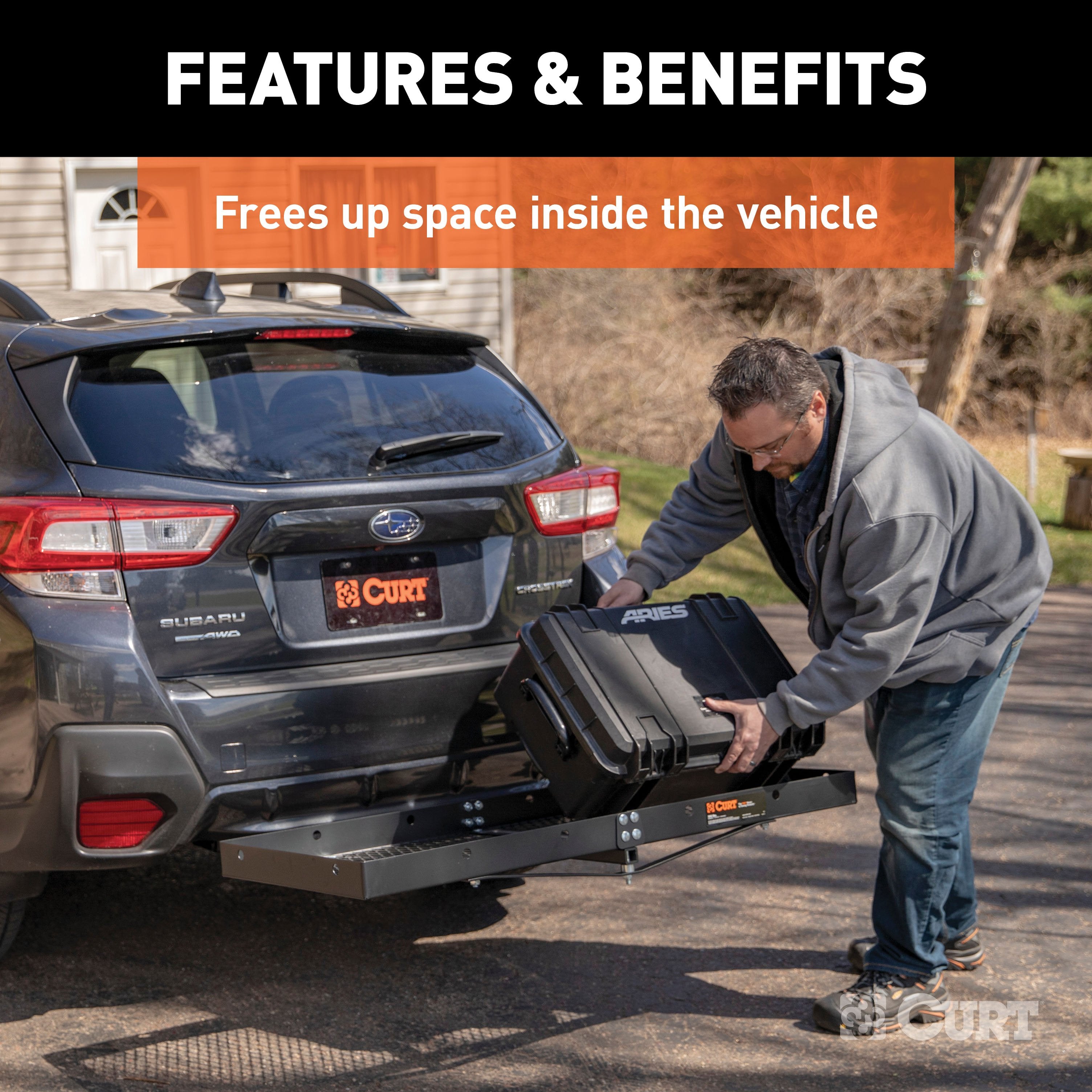 CURT 48 x 20-Inch Tray Hitch Cargo Carrier, 300 lbs Capacity, 1-1/4, 2-In Adapter Shank Model 18110